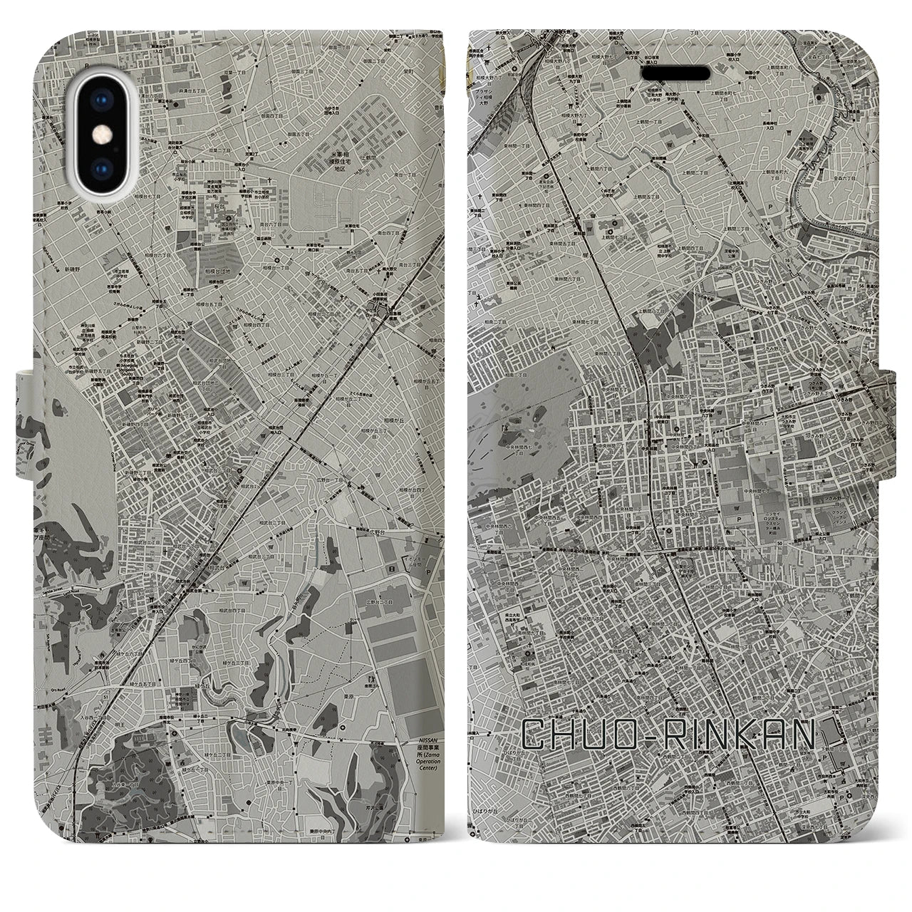 【中央林間(神奈川県)】地図柄iPhoneケース(手帳タイプ)モノトーン・iPhone XS Max 用