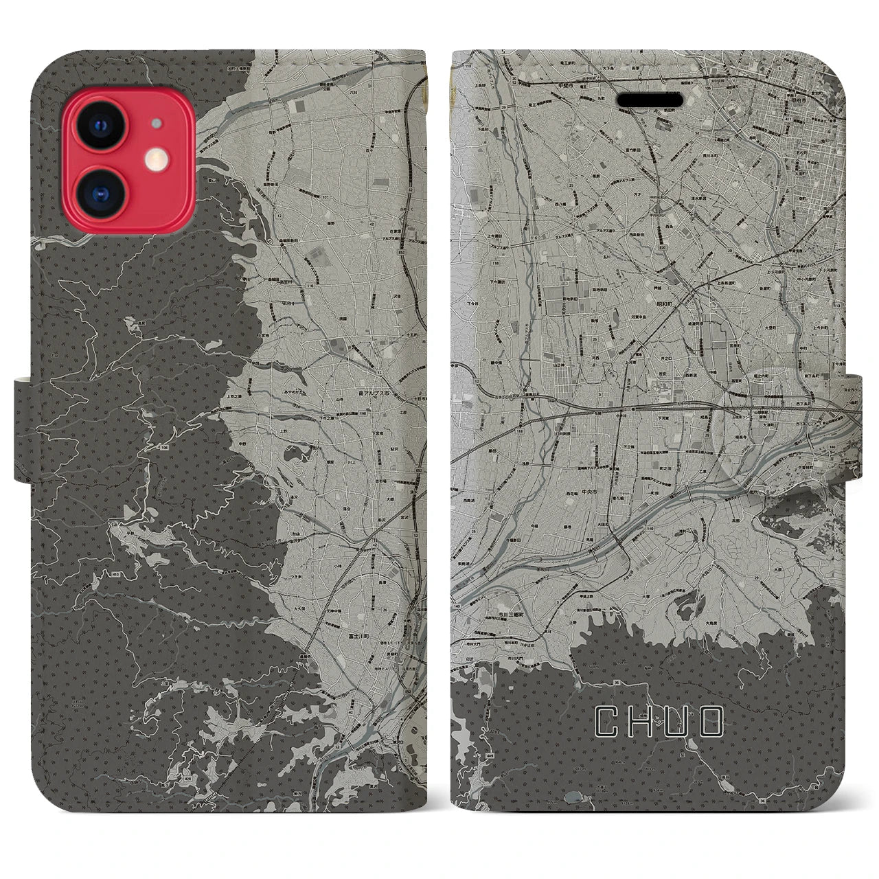 【中央(山梨県)】地図柄iPhoneケース(手帳タイプ)モノトーン・iPhone 11 用