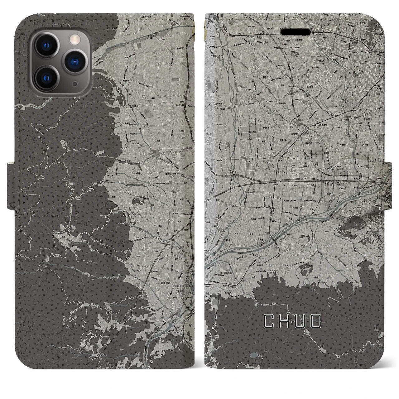 【中央(山梨県)】地図柄iPhoneケース(手帳タイプ)モノトーン・iPhone 11 Pro Max 用