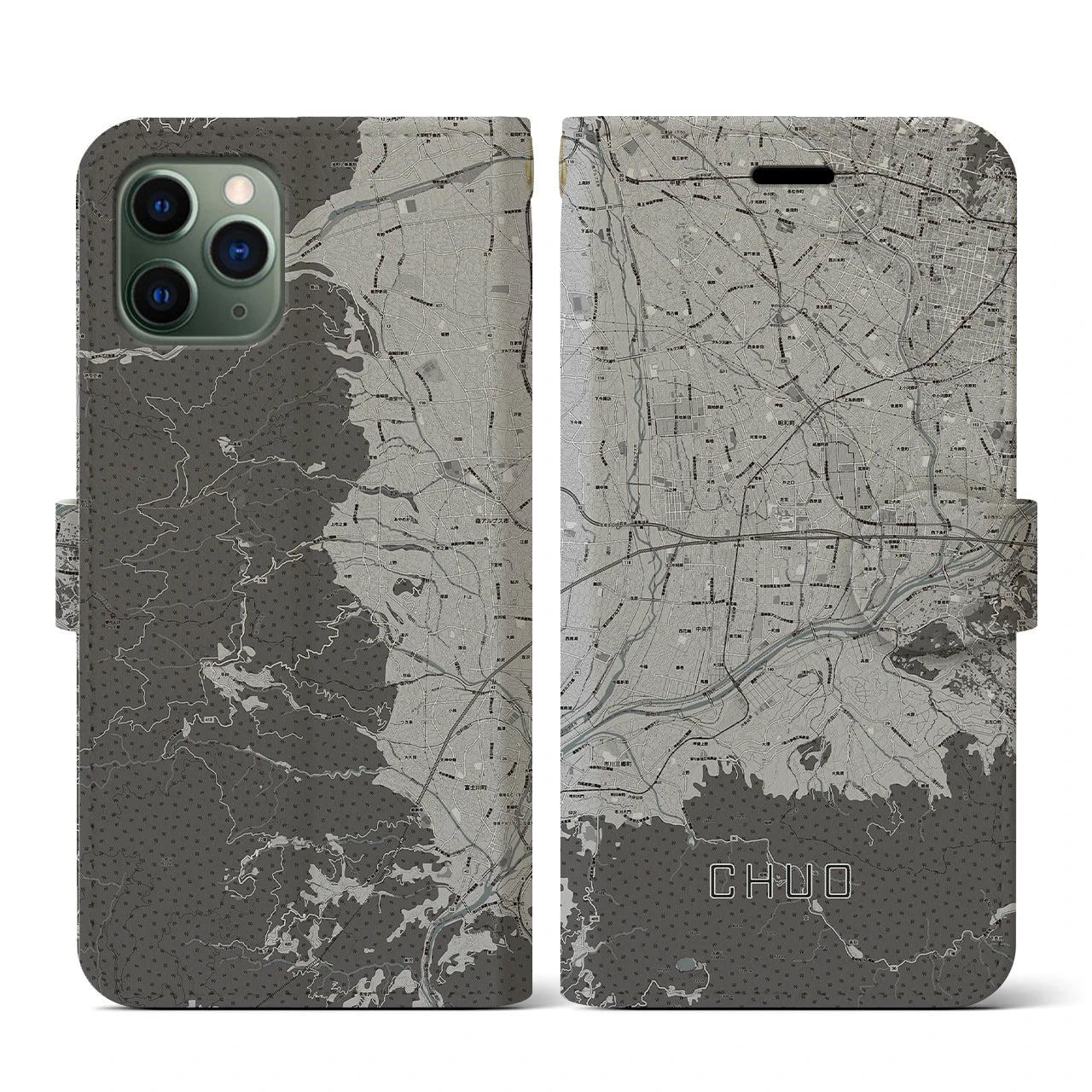 【中央(山梨県)】地図柄iPhoneケース(手帳タイプ)モノトーン・iPhone 11 Pro 用