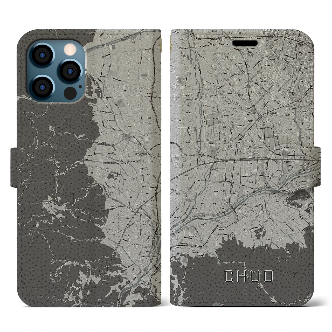 【中央(山梨県)】地図柄iPhoneケース(手帳タイプ)モノトーン・iPhone 12 / 12 Pro 用