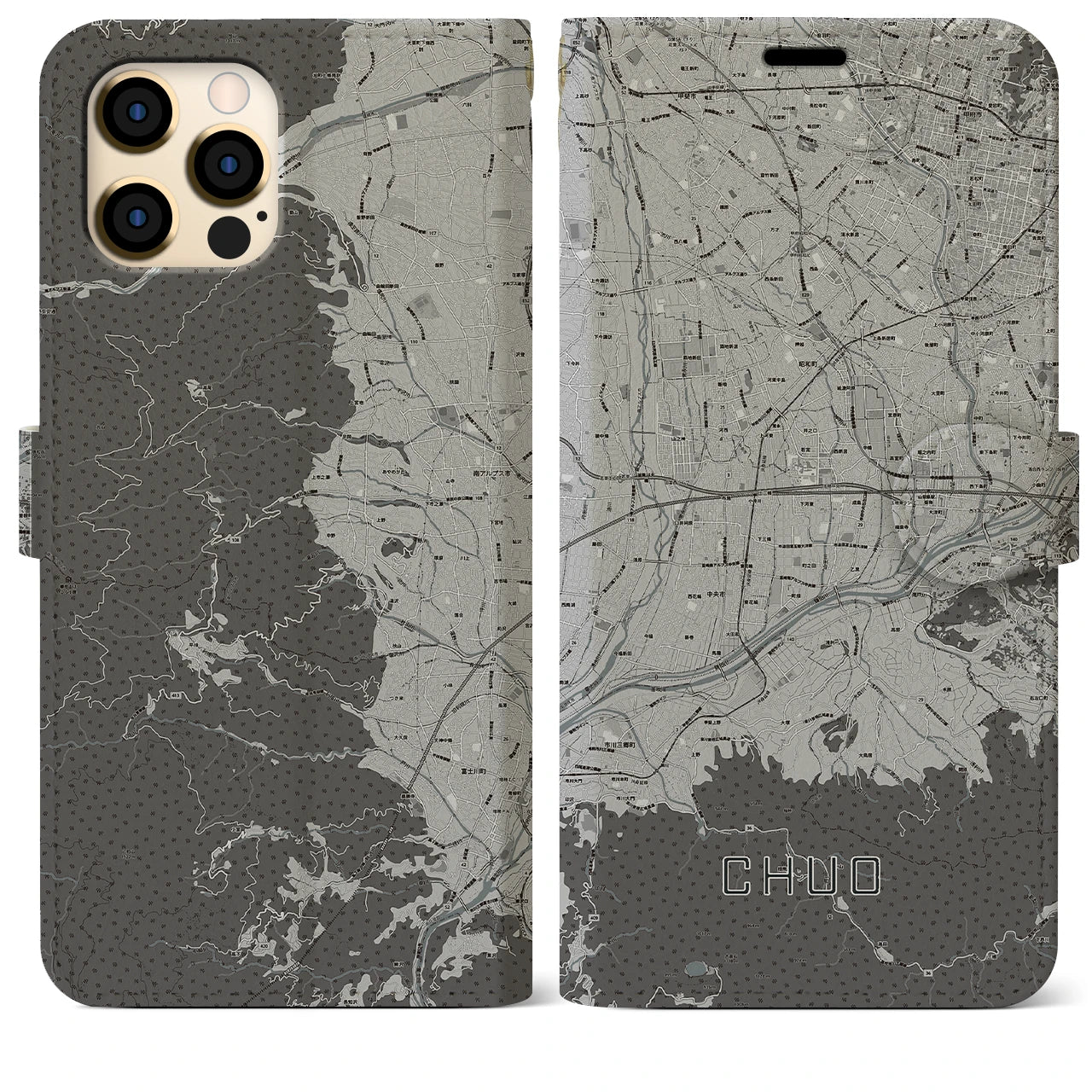 【中央(山梨県)】地図柄iPhoneケース(手帳タイプ)モノトーン・iPhone 12 Pro Max 用