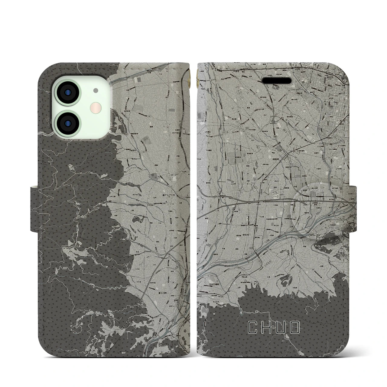 【中央(山梨県)】地図柄iPhoneケース(手帳タイプ)モノトーン・iPhone 12 mini 用