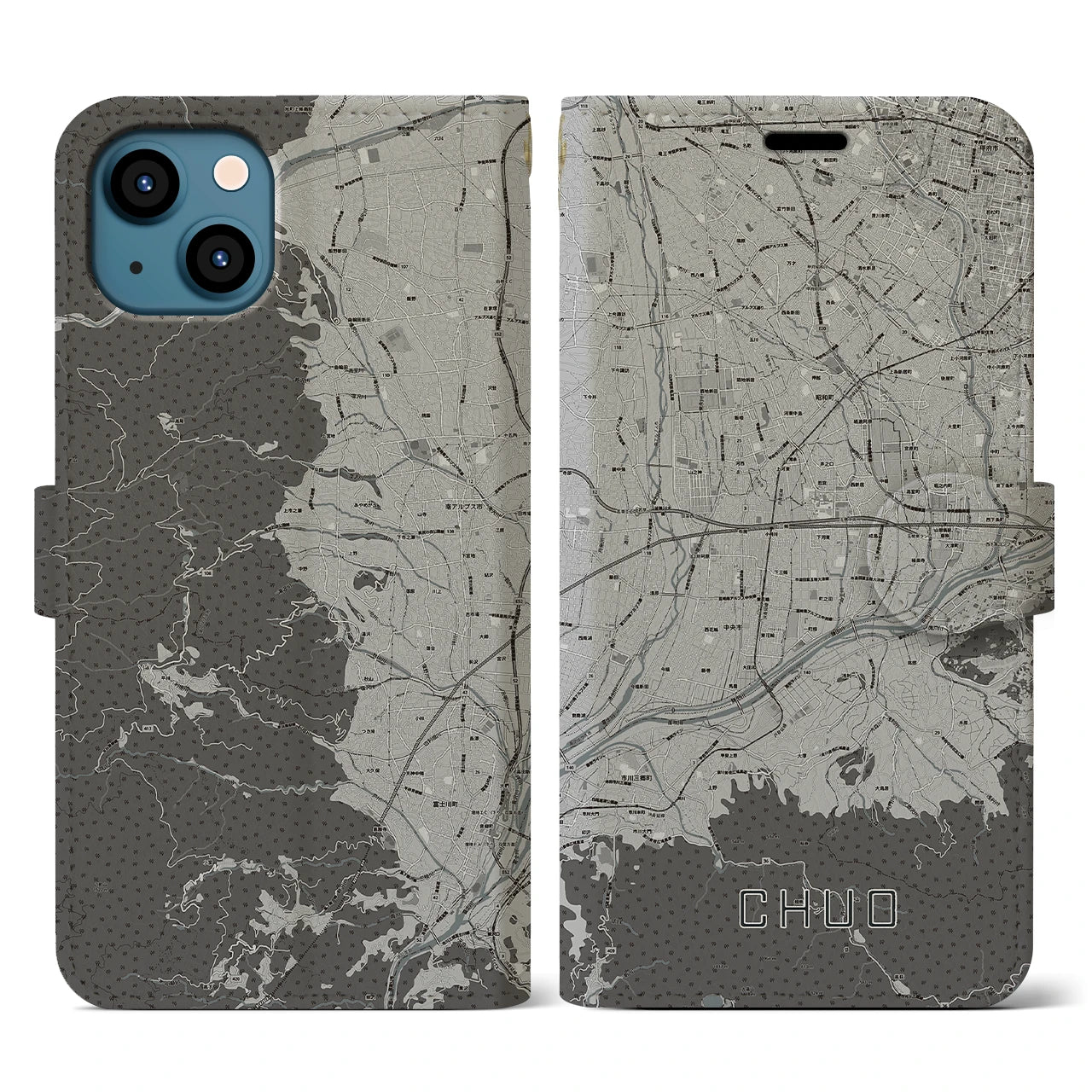 【中央(山梨県)】地図柄iPhoneケース(手帳タイプ)モノトーン・iPhone 13 用