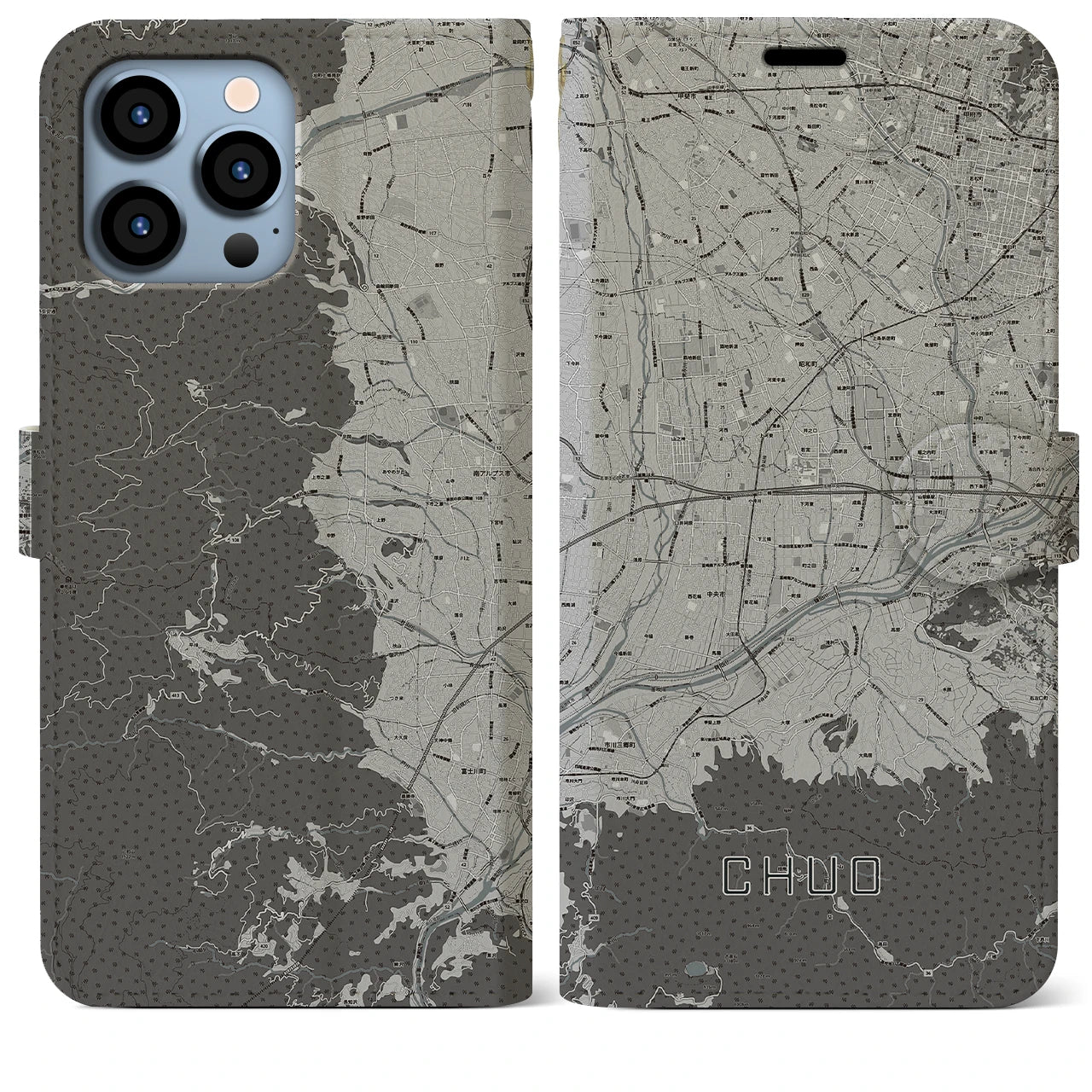 【中央(山梨県)】地図柄iPhoneケース(手帳タイプ)モノトーン・iPhone 13 Pro Max 用