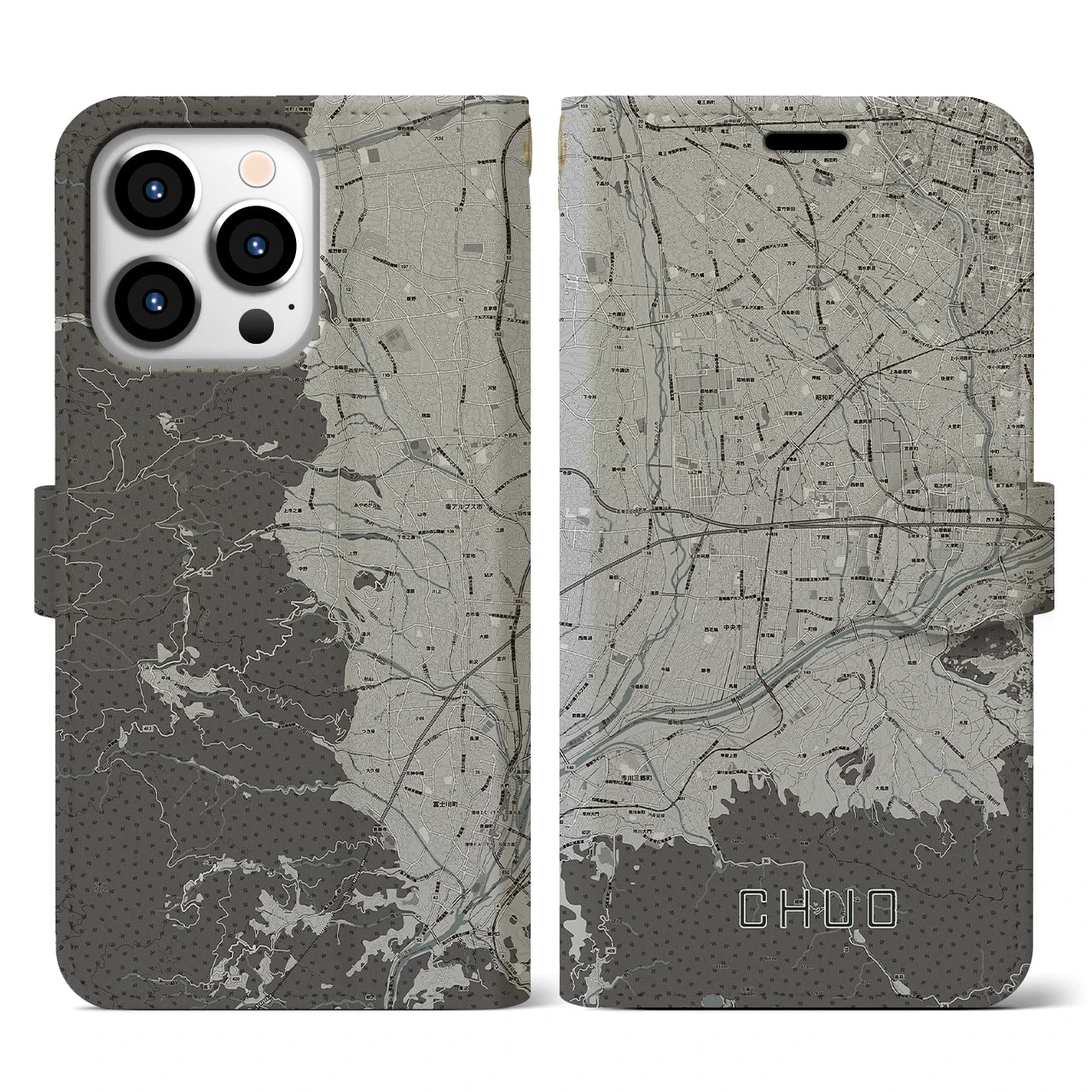 【中央(山梨県)】地図柄iPhoneケース(手帳タイプ)モノトーン・iPhone 13 Pro 用