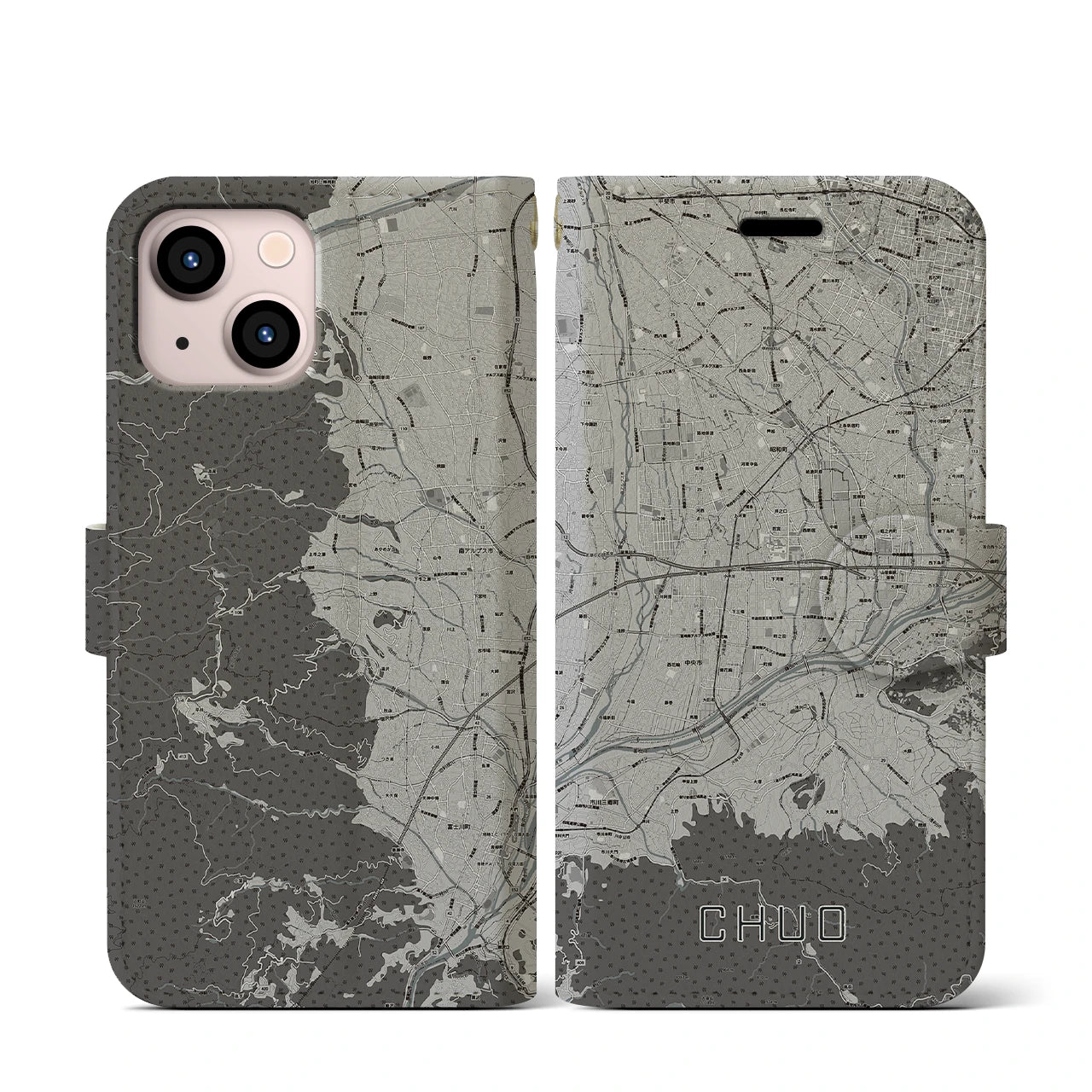 【中央(山梨県)】地図柄iPhoneケース(手帳タイプ)モノトーン・iPhone 13 mini 用