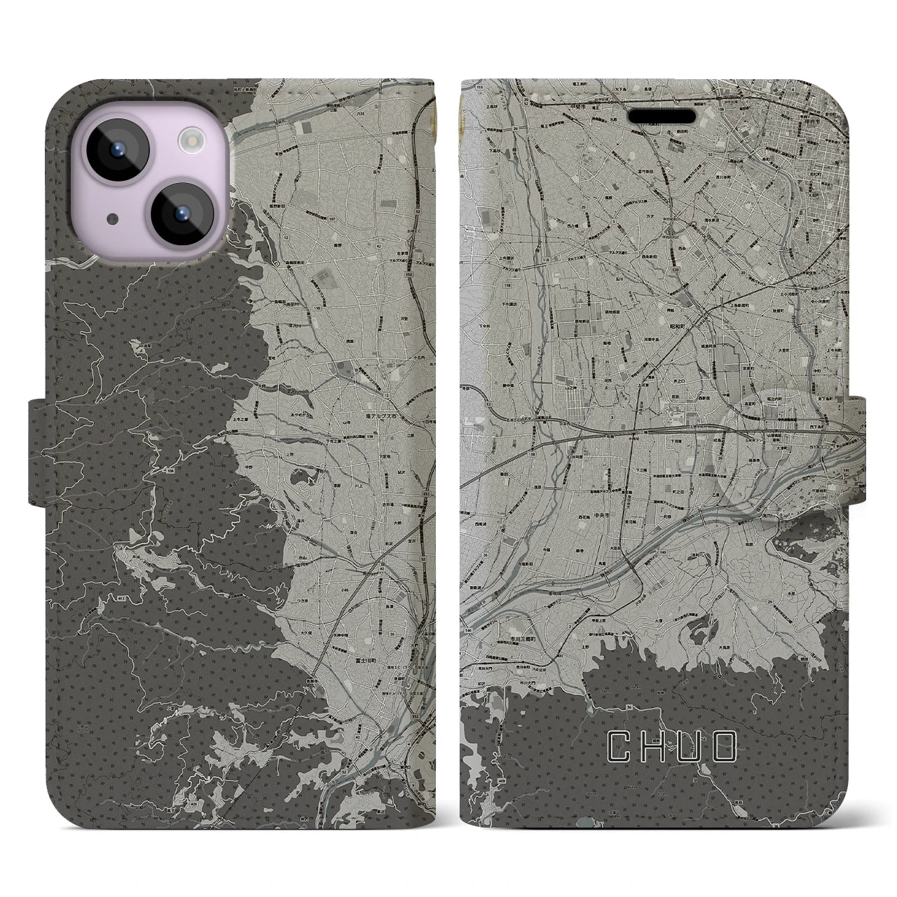 【中央(山梨県)】地図柄iPhoneケース(手帳タイプ)モノトーン・iPhone 14 用