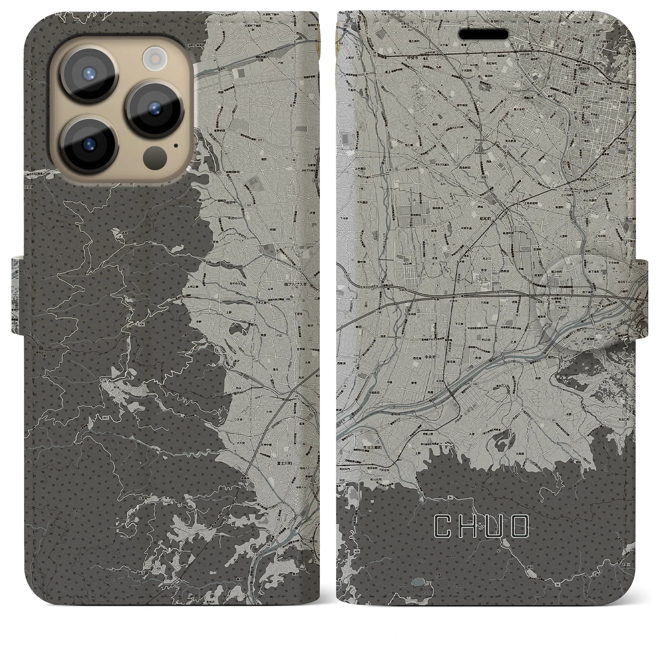 【中央(山梨県)】地図柄iPhoneケース(手帳タイプ)モノトーン・iPhone 14 Pro Max 用