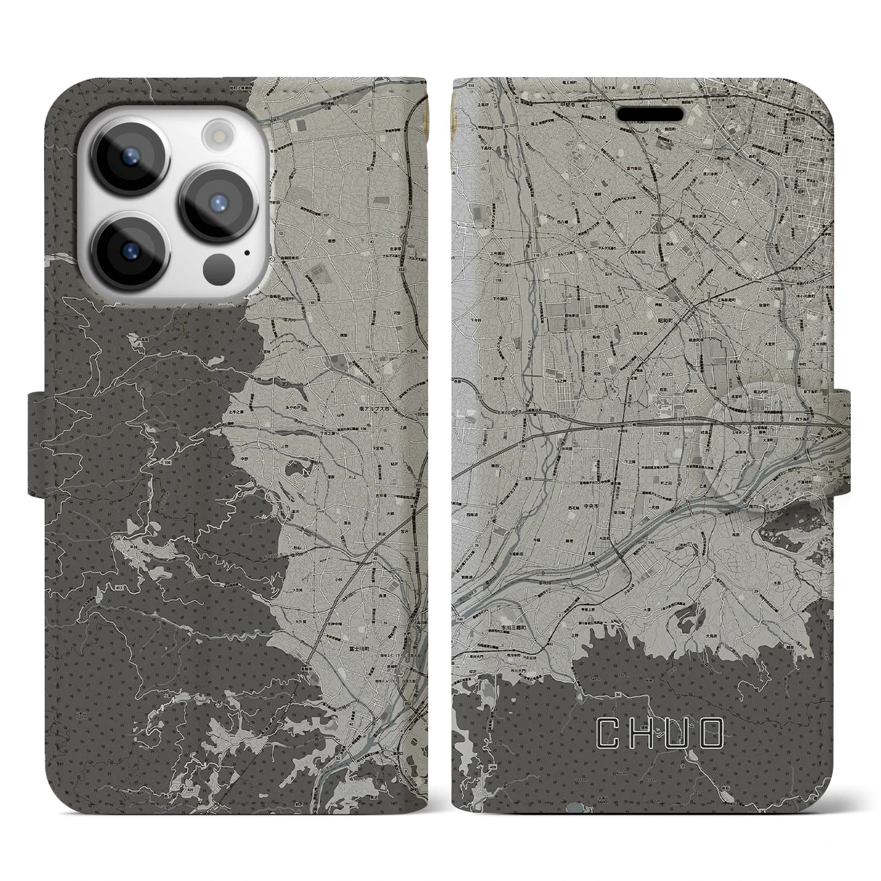 【中央(山梨県)】地図柄iPhoneケース(手帳タイプ)モノトーン・iPhone 14 Pro 用
