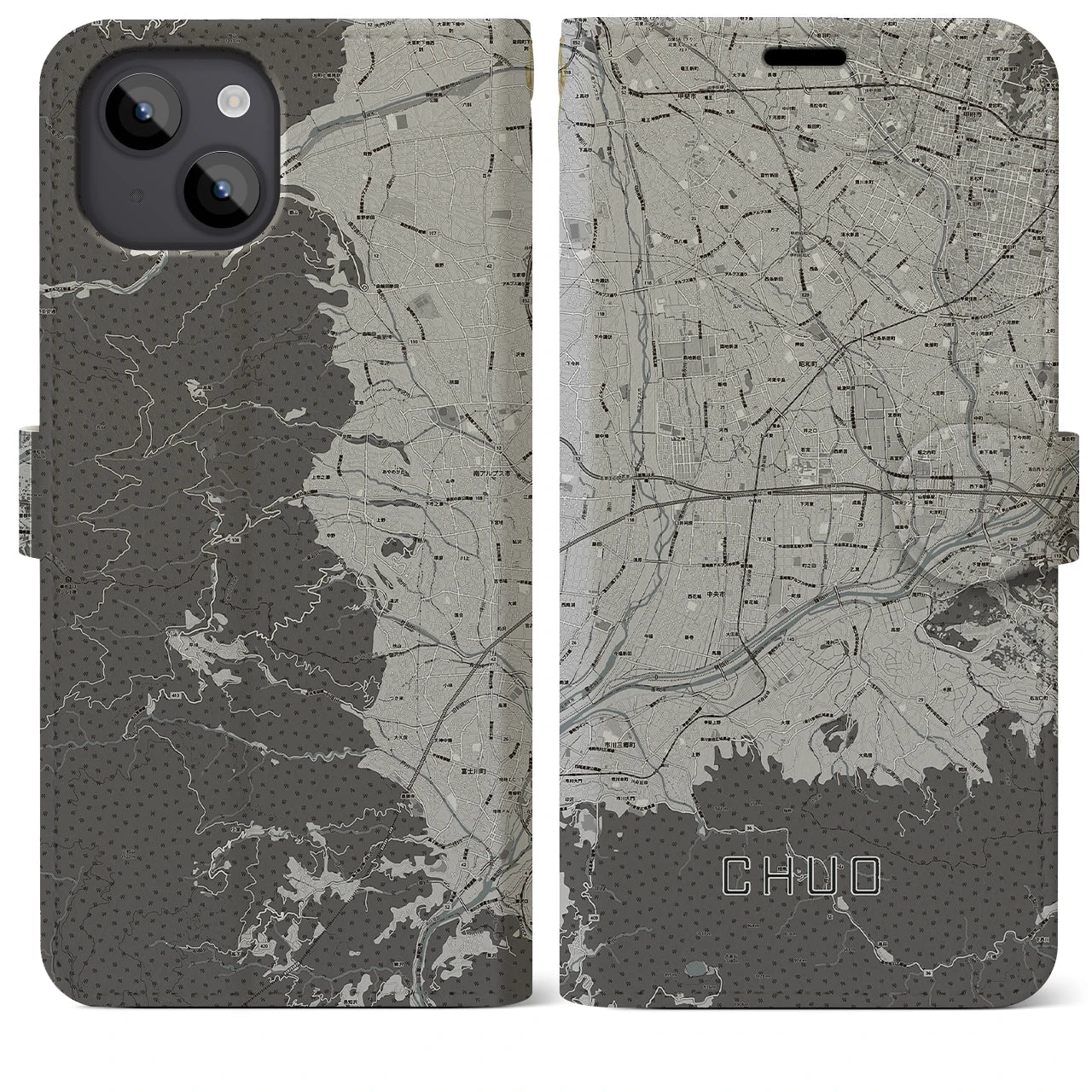 【中央(山梨県)】地図柄iPhoneケース(手帳タイプ)モノトーン・iPhone 14 Plus 用