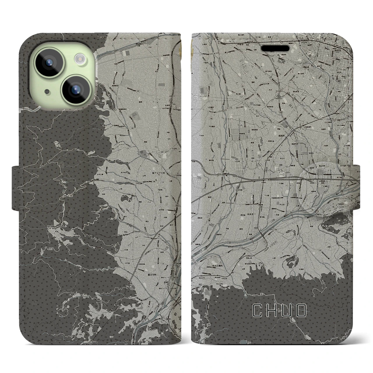 【中央(山梨県)】地図柄iPhoneケース(手帳タイプ)モノトーン・iPhone 15 用