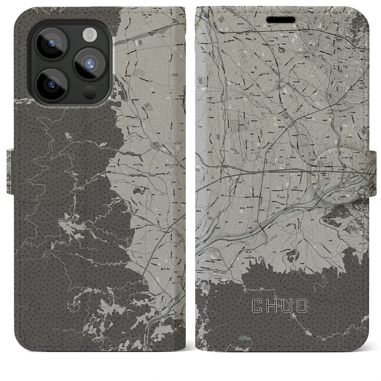 【中央(山梨県)】地図柄iPhoneケース(手帳タイプ)モノトーン・iPhone 15 Pro Max 用