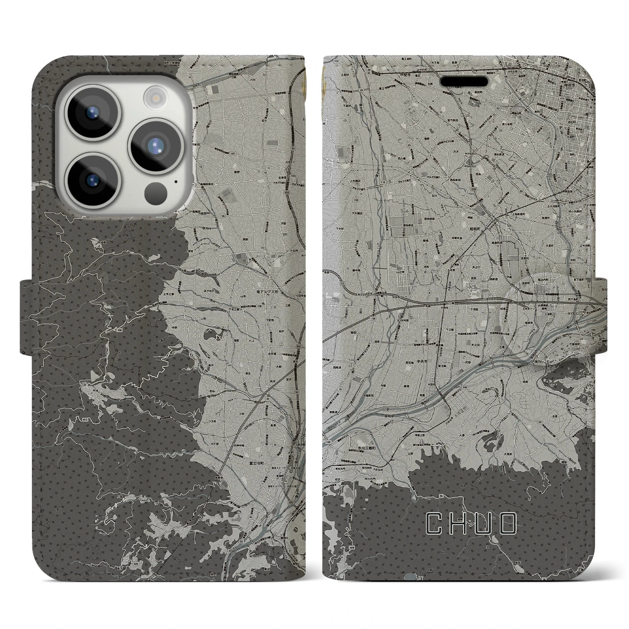 【中央(山梨県)】地図柄iPhoneケース(手帳タイプ)モノトーン・iPhone 15 Pro 用