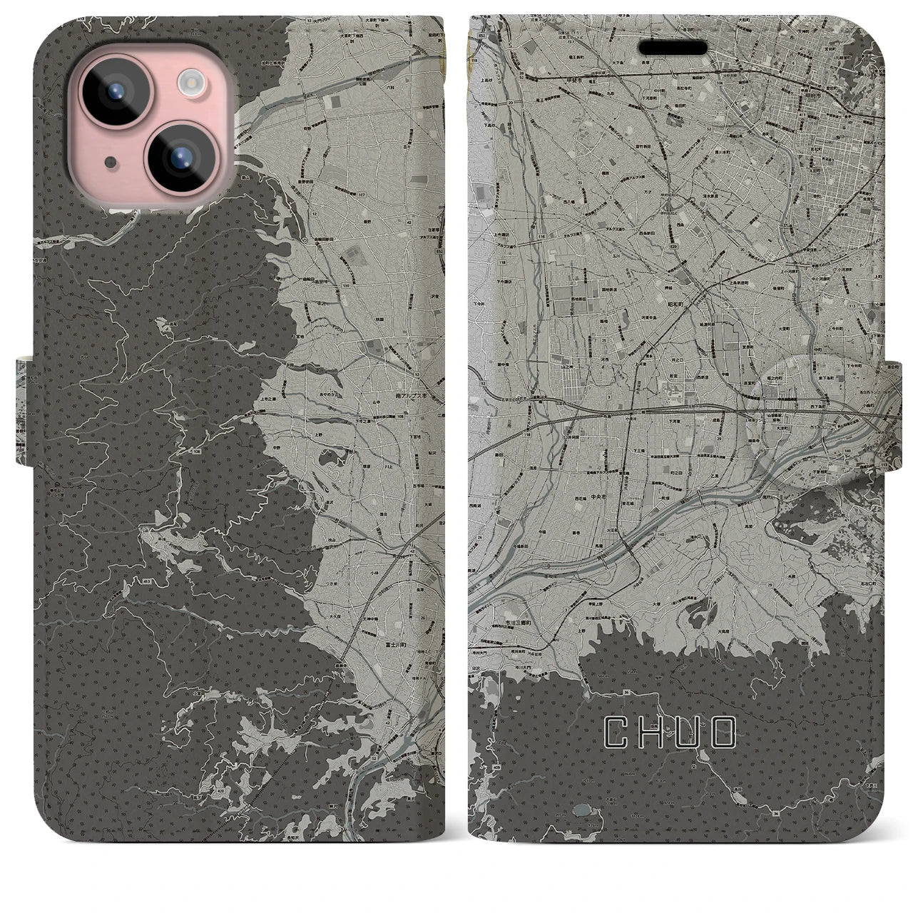 【中央(山梨県)】地図柄iPhoneケース(手帳タイプ)モノトーン・iPhone 15 Plus 用