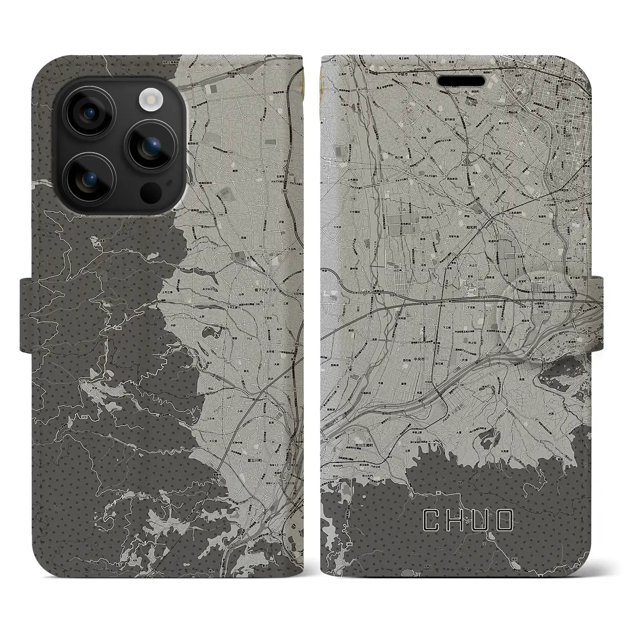 【中央(山梨県)】地図柄iPhoneケース(手帳タイプ)モノトーン・iPhone 16 用