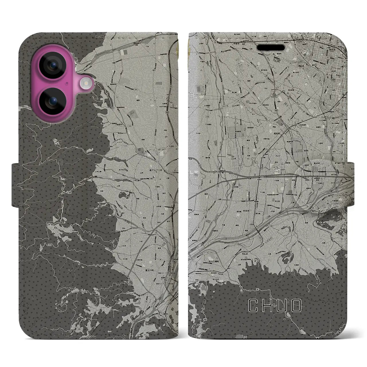 【中央(山梨県)】地図柄iPhoneケース(手帳タイプ)モノトーン・iPhone 16 Pro 用