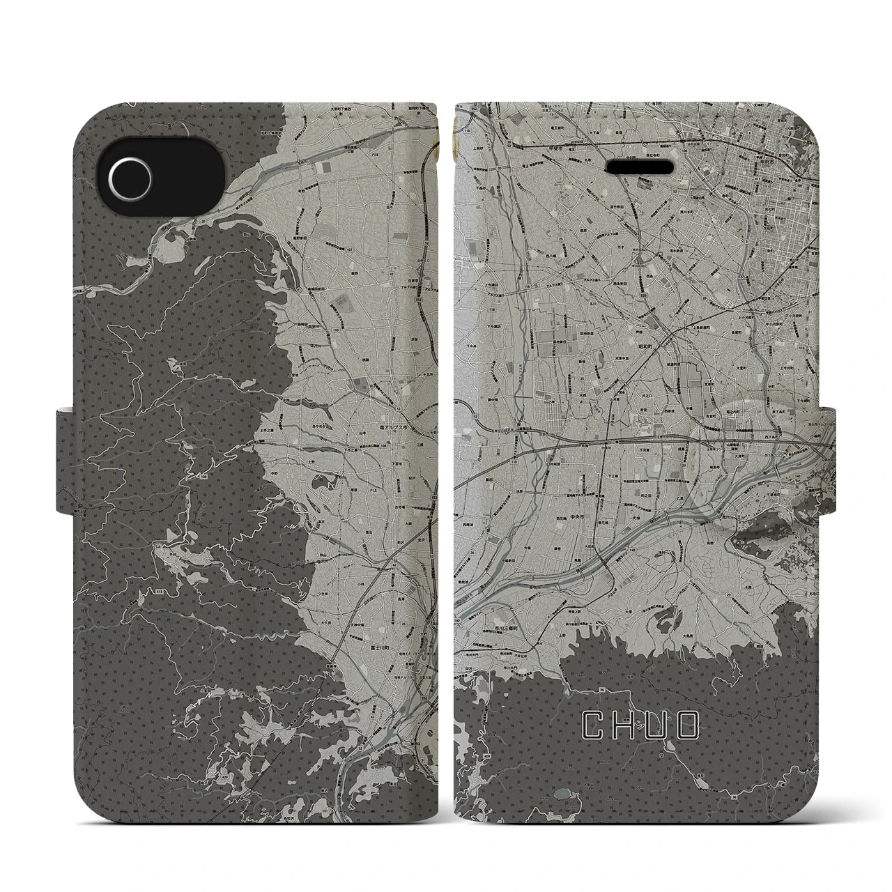 【中央(山梨県)】地図柄iPhoneケース(手帳タイプ)モノトーン・iPhone SE(第3 / 第2世代) / 8 / 7 / 6s / 6 用