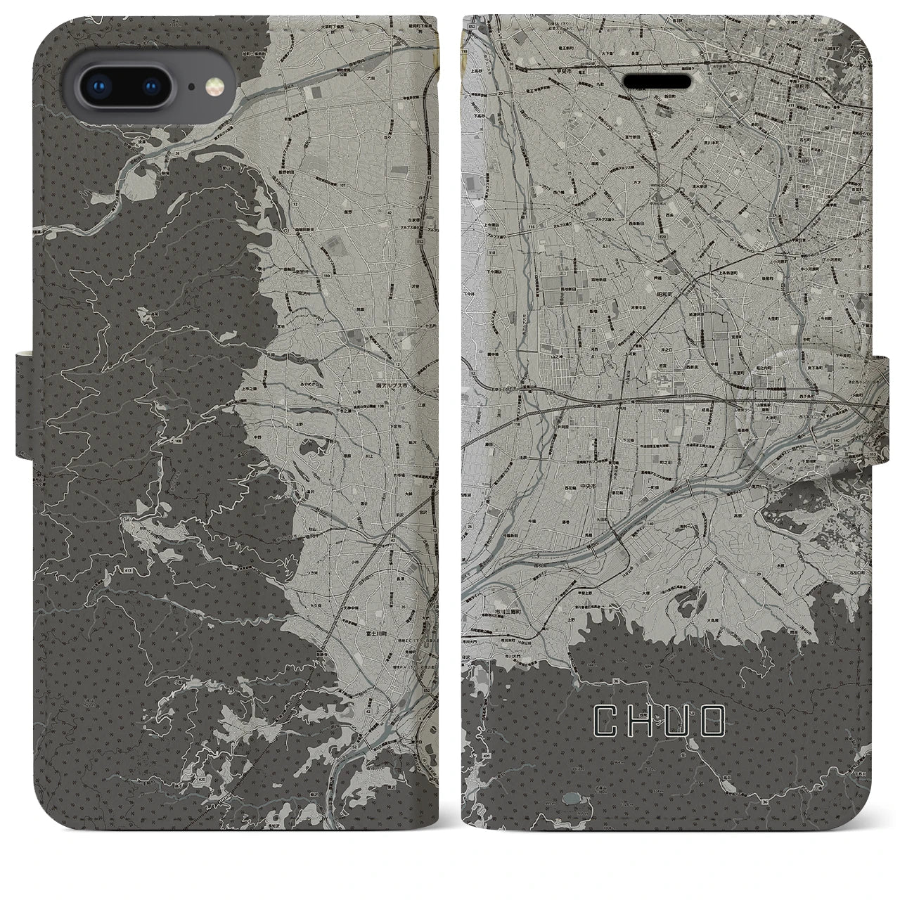 【中央(山梨県)】地図柄iPhoneケース(手帳タイプ)モノトーン・iPhone 8Plus /7Plus / 6sPlus / 6Plus 用