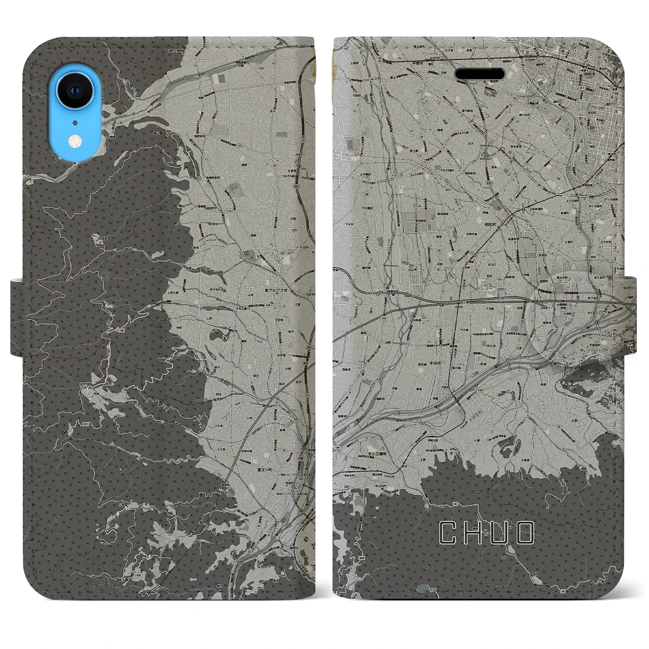 【中央(山梨県)】地図柄iPhoneケース(手帳タイプ)モノトーン・iPhone XR 用