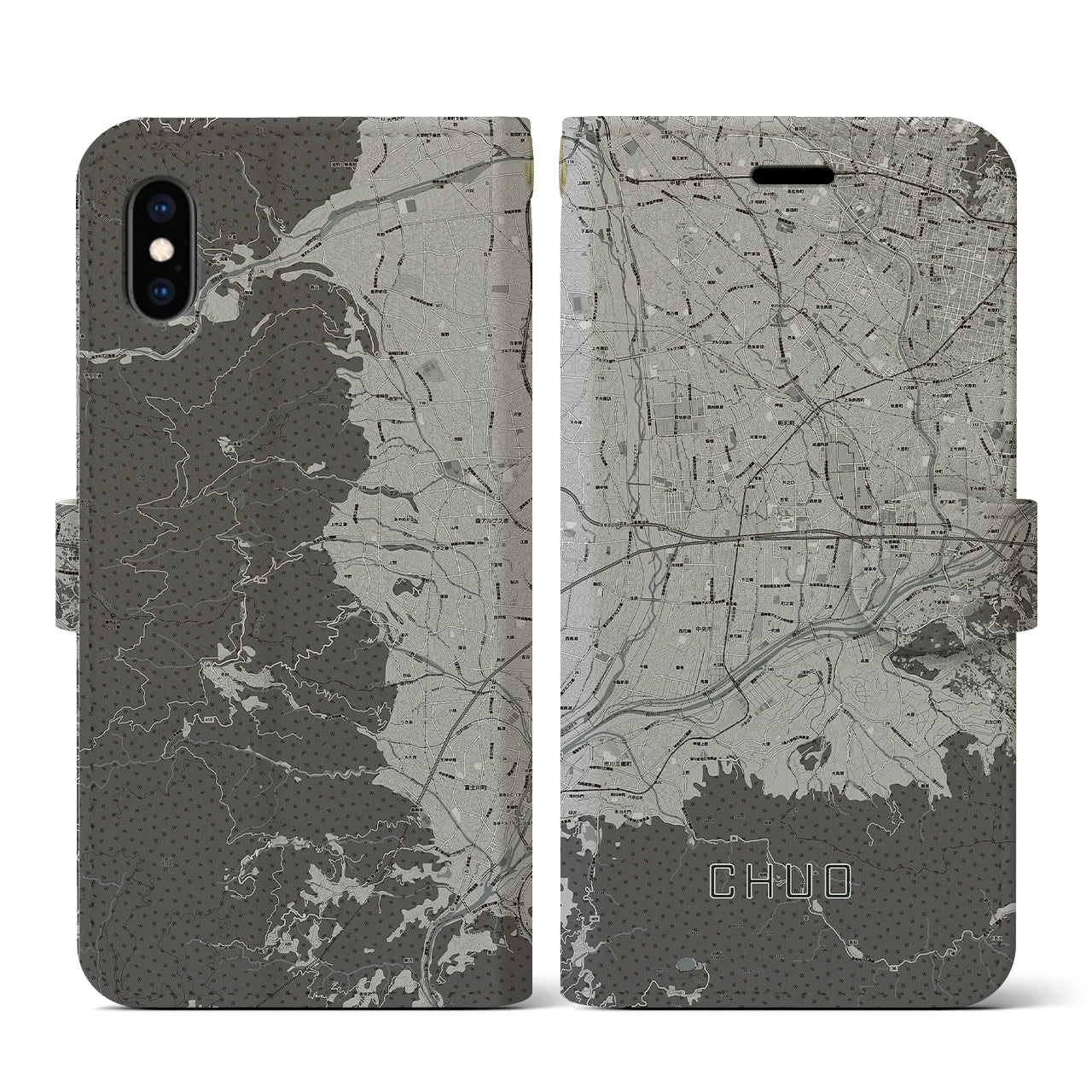 【中央(山梨県)】地図柄iPhoneケース(手帳タイプ)モノトーン・iPhone XS / X 用