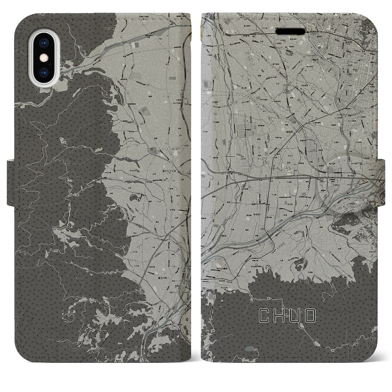 【中央(山梨県)】地図柄iPhoneケース(手帳タイプ)モノトーン・iPhone XS Max 用