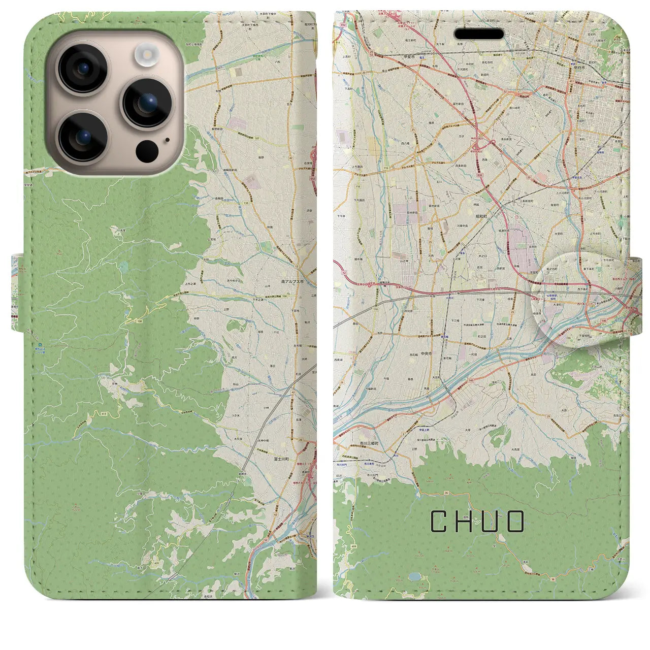 【中央(山梨県)】地図柄iPhoneケース(手帳タイプ)ナチュラル・iPhone 16 Plus 用