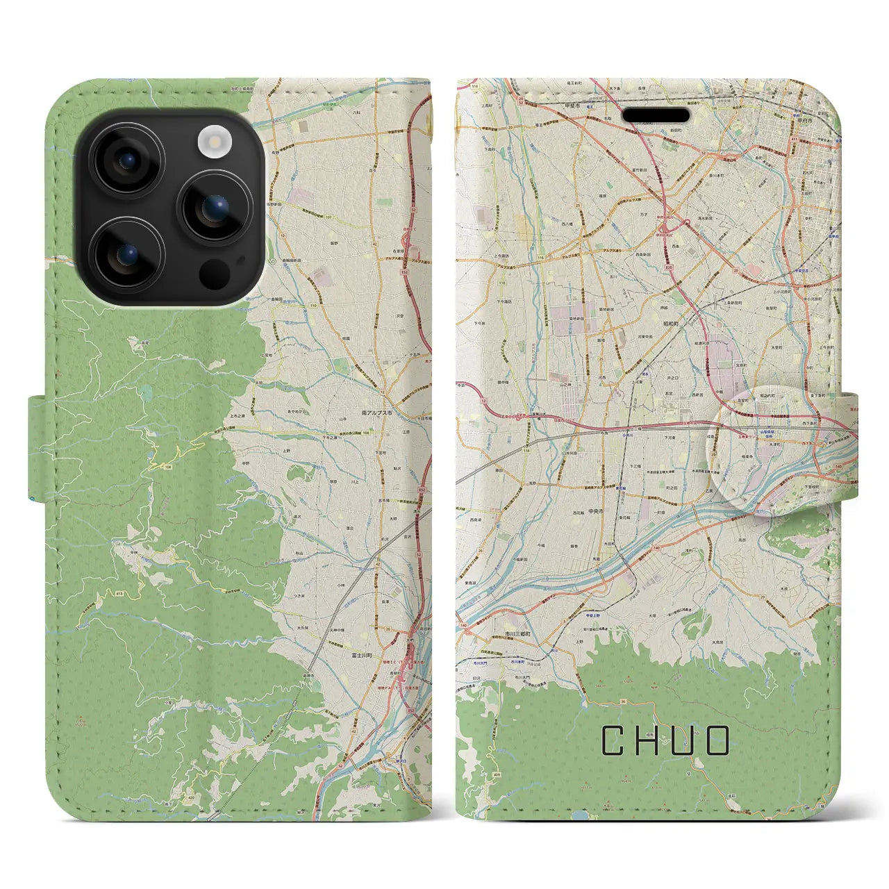 【中央(山梨県)】地図柄iPhoneケース(手帳タイプ)ナチュラル・iPhone 16 用