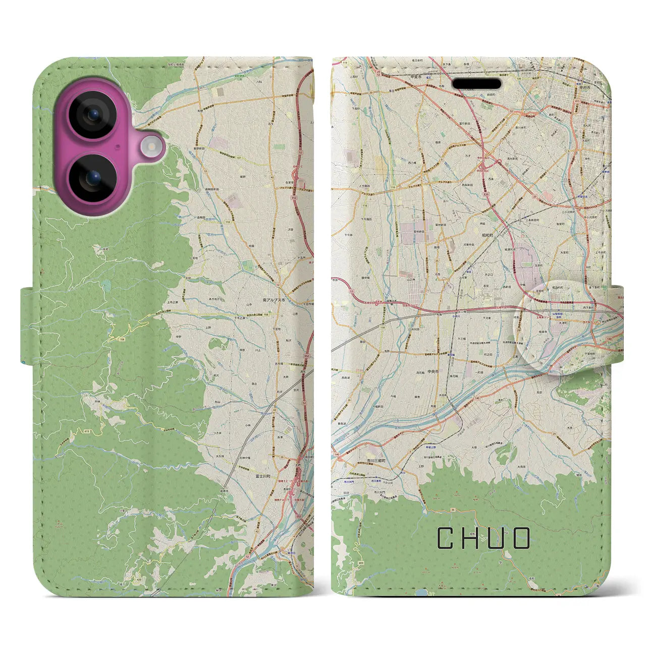 【中央(山梨県)】地図柄iPhoneケース(手帳タイプ)ナチュラル・iPhone 16 Pro 用