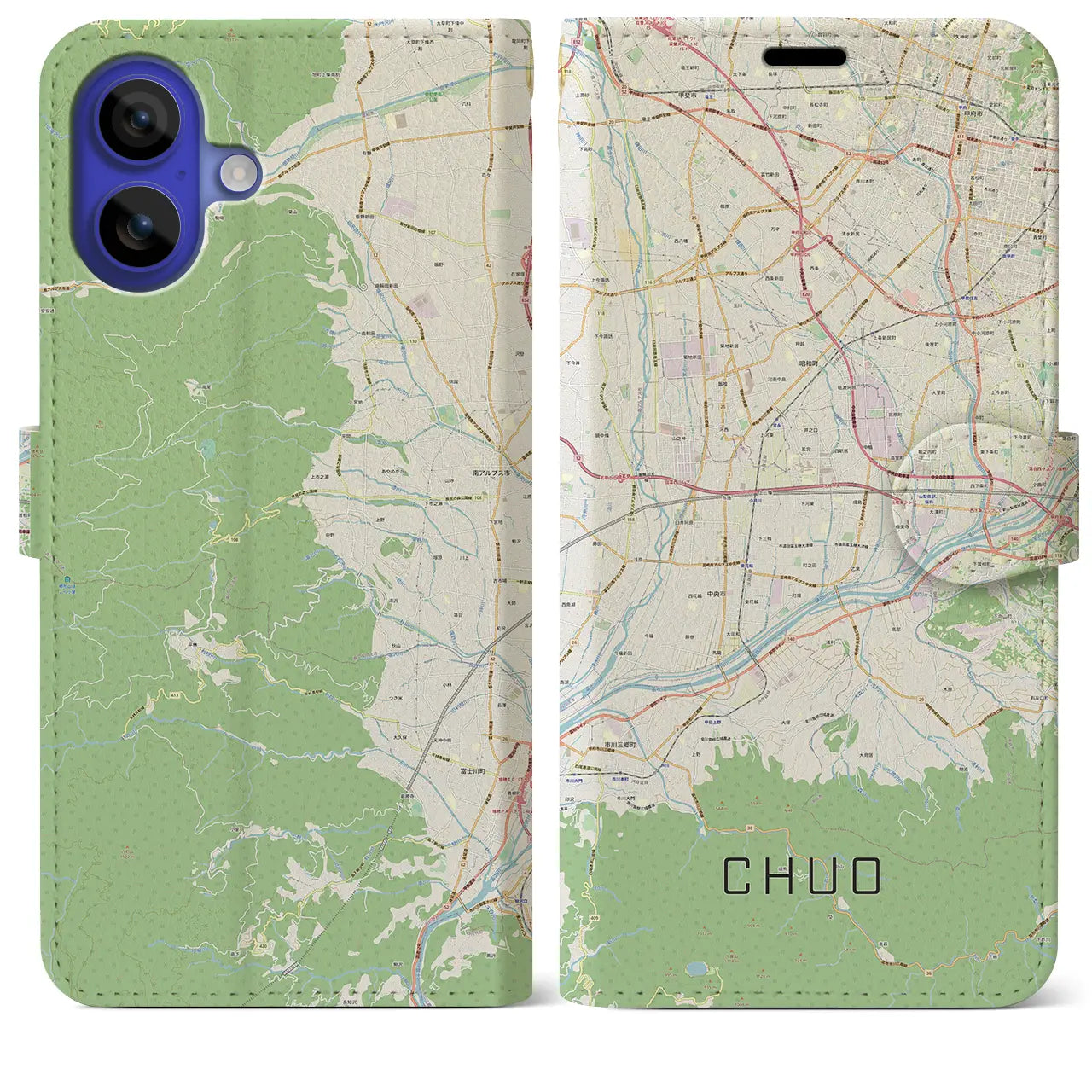 【中央(山梨県)】地図柄iPhoneケース(手帳タイプ)