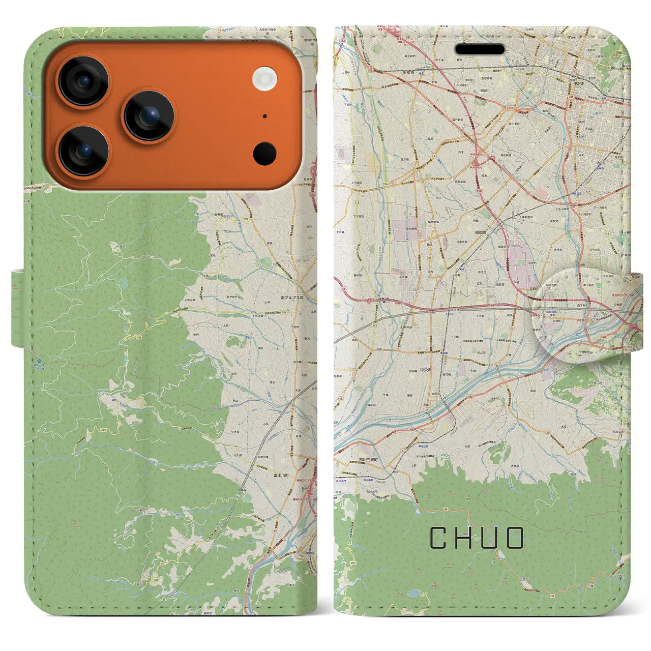 【中央(山梨県)】地図柄iPhoneケース(手帳タイプ)