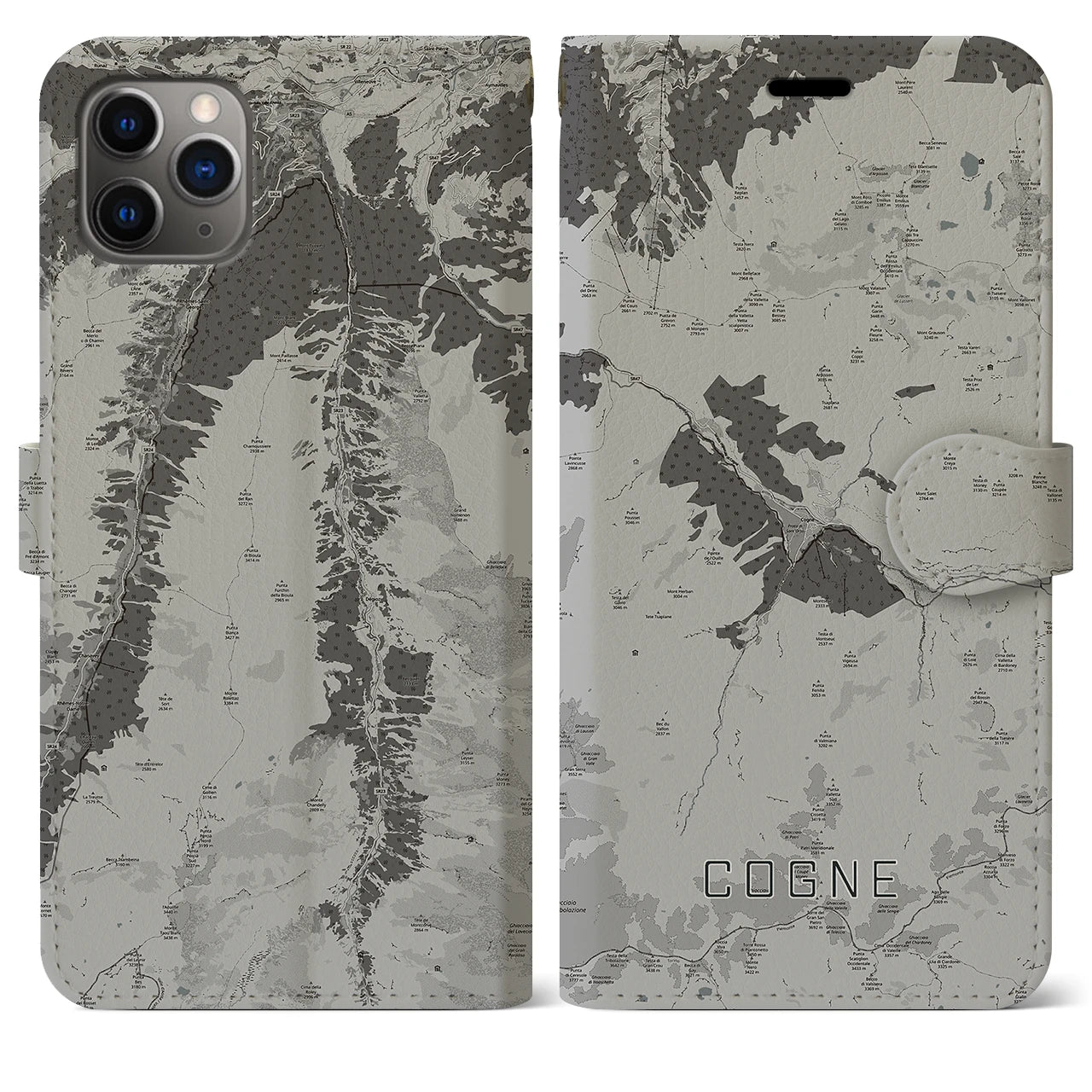 【コーニュ(イタリア)】地図柄iPhoneケース(手帳タイプ)モノトーン・iPhone 11 Pro Max 用