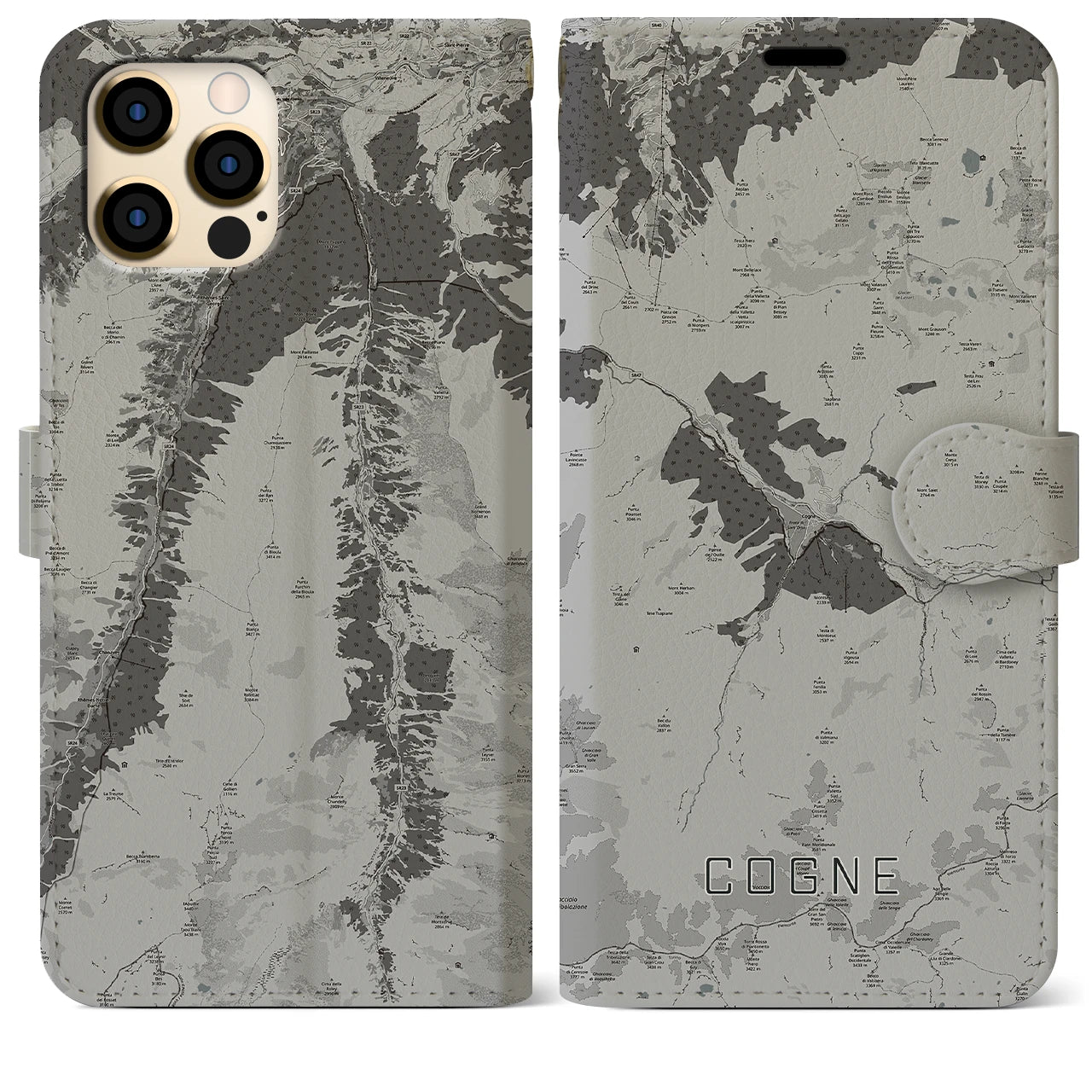 【コーニュ(イタリア)】地図柄iPhoneケース(手帳タイプ)モノトーン・iPhone 12 Pro Max 用