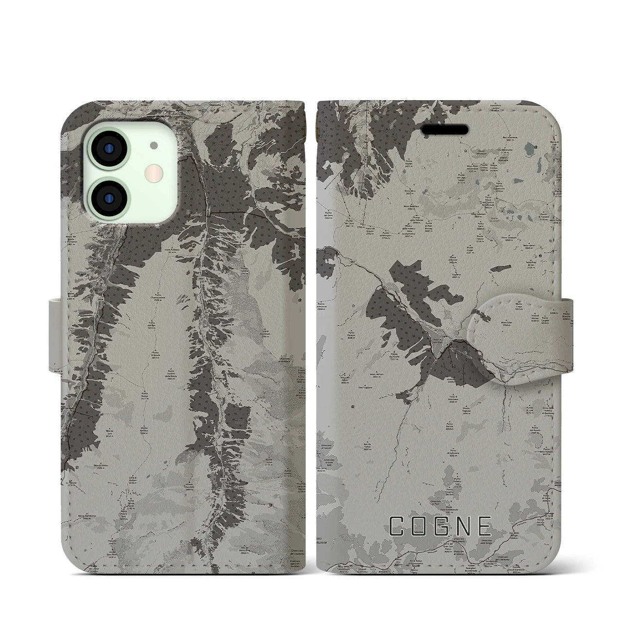 【コーニュ(イタリア)】地図柄iPhoneケース(手帳タイプ)モノトーン・iPhone 12 mini 用