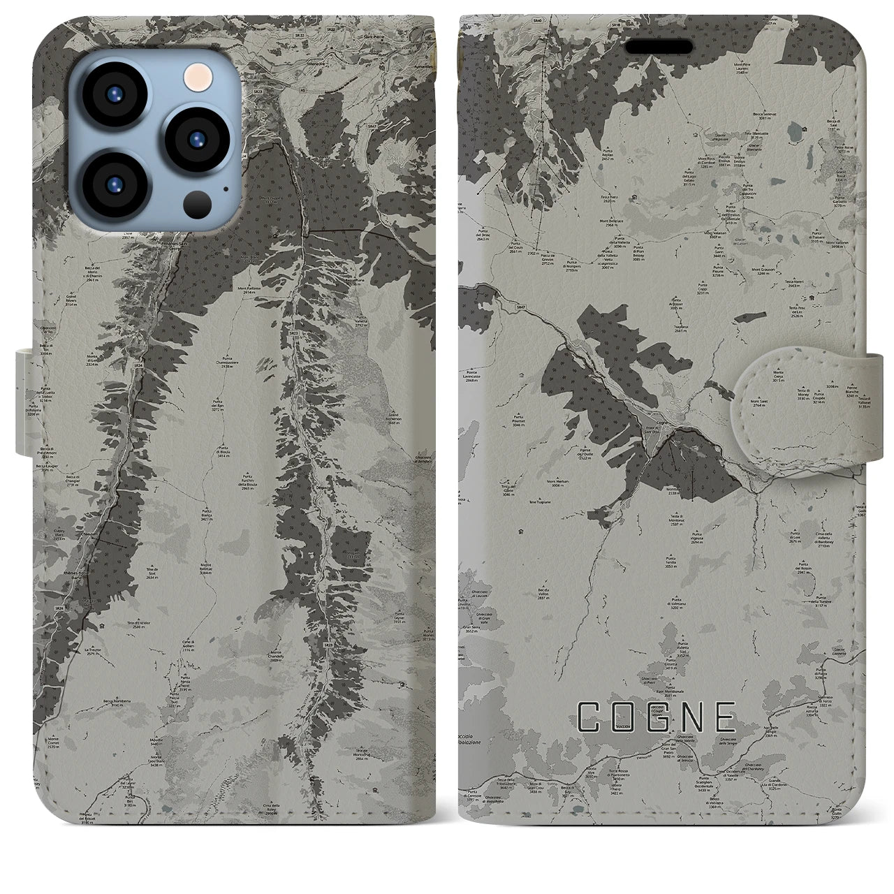 【コーニュ(イタリア)】地図柄iPhoneケース(手帳タイプ)モノトーン・iPhone 13 Pro Max 用