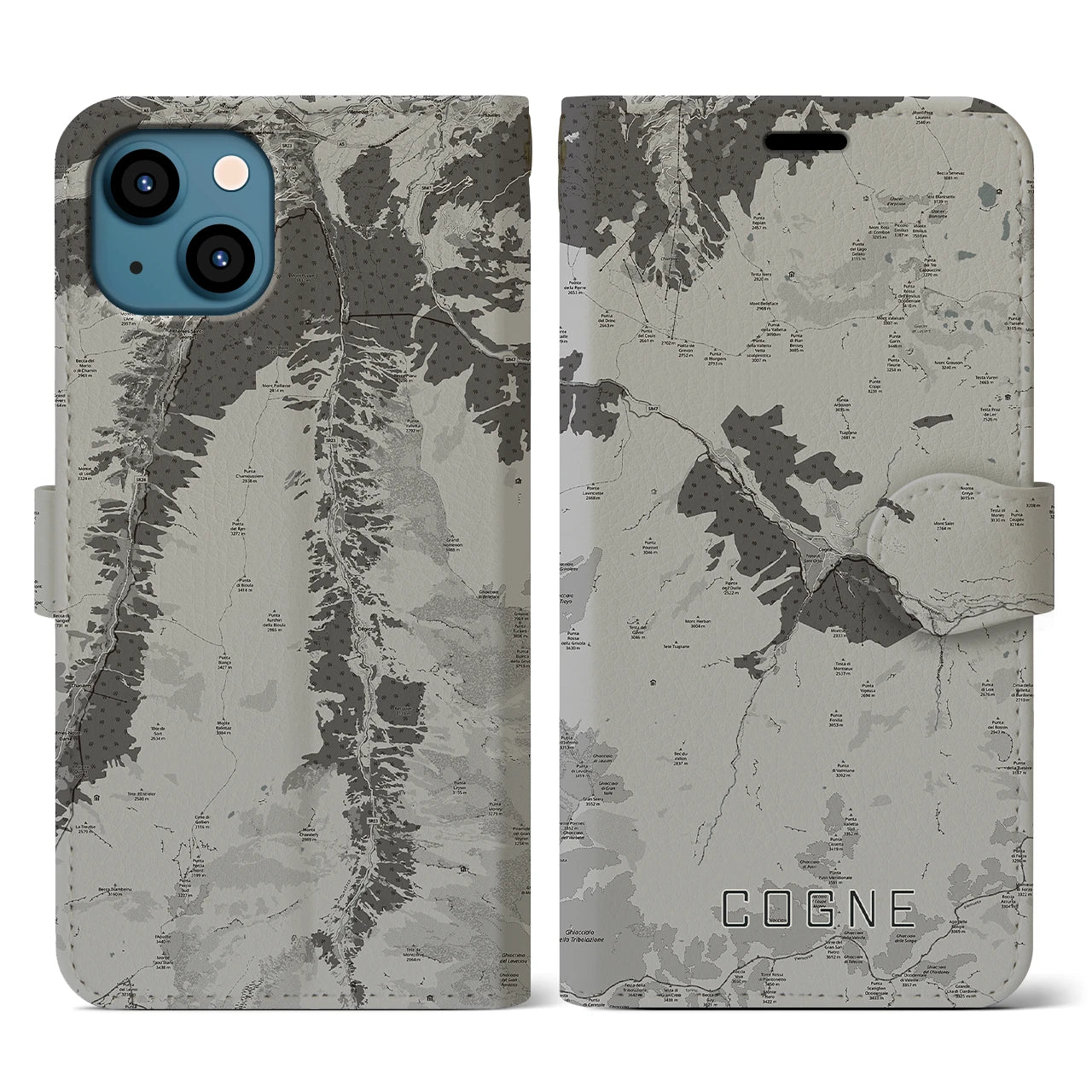 【コーニュ(イタリア)】地図柄iPhoneケース(手帳タイプ)モノトーン・iPhone 13 用