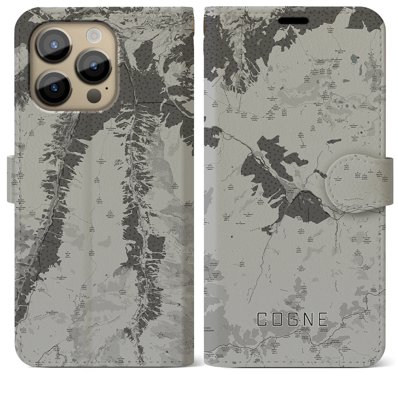 【コーニュ(イタリア)】地図柄iPhoneケース(手帳タイプ)モノトーン・iPhone 14 Pro Max 用