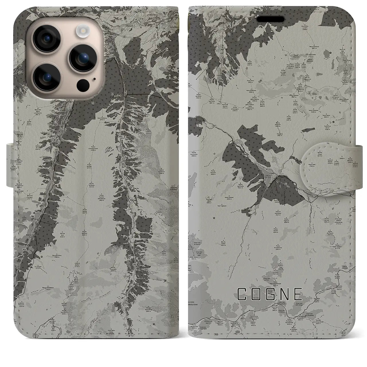 【コーニュ(イタリア)】地図柄iPhoneケース(手帳タイプ)モノトーン・iPhone 16 Plus 用