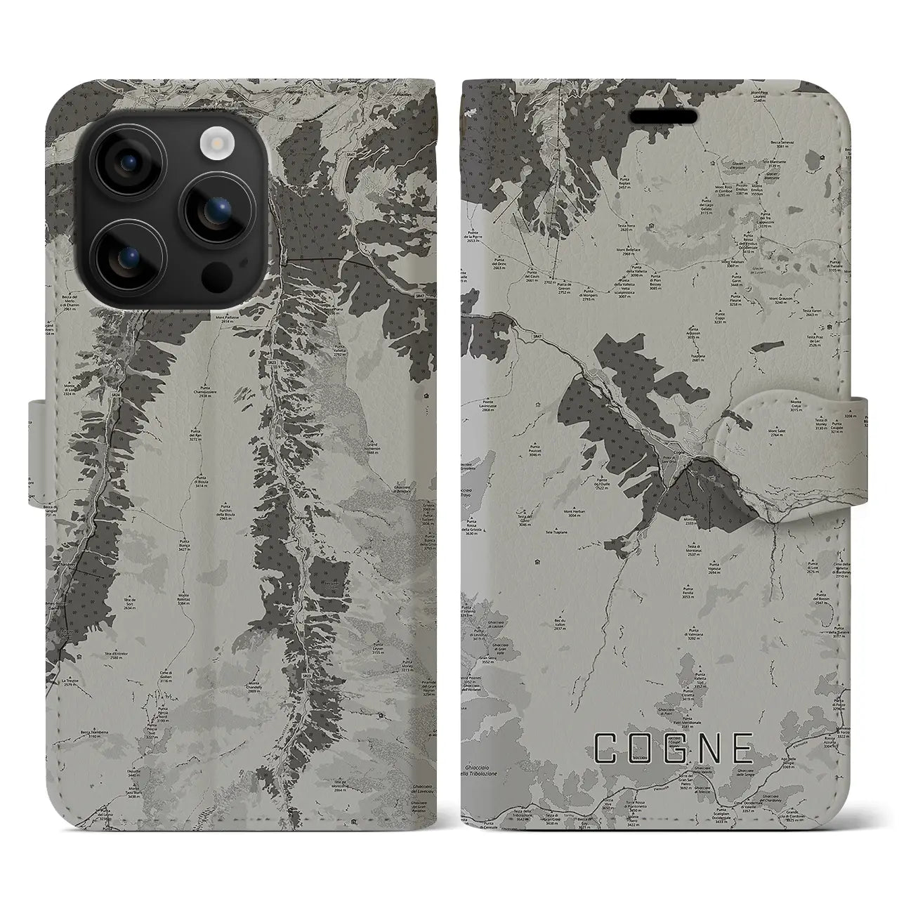 【コーニュ(イタリア)】地図柄iPhoneケース(手帳タイプ)モノトーン・iPhone 16 用