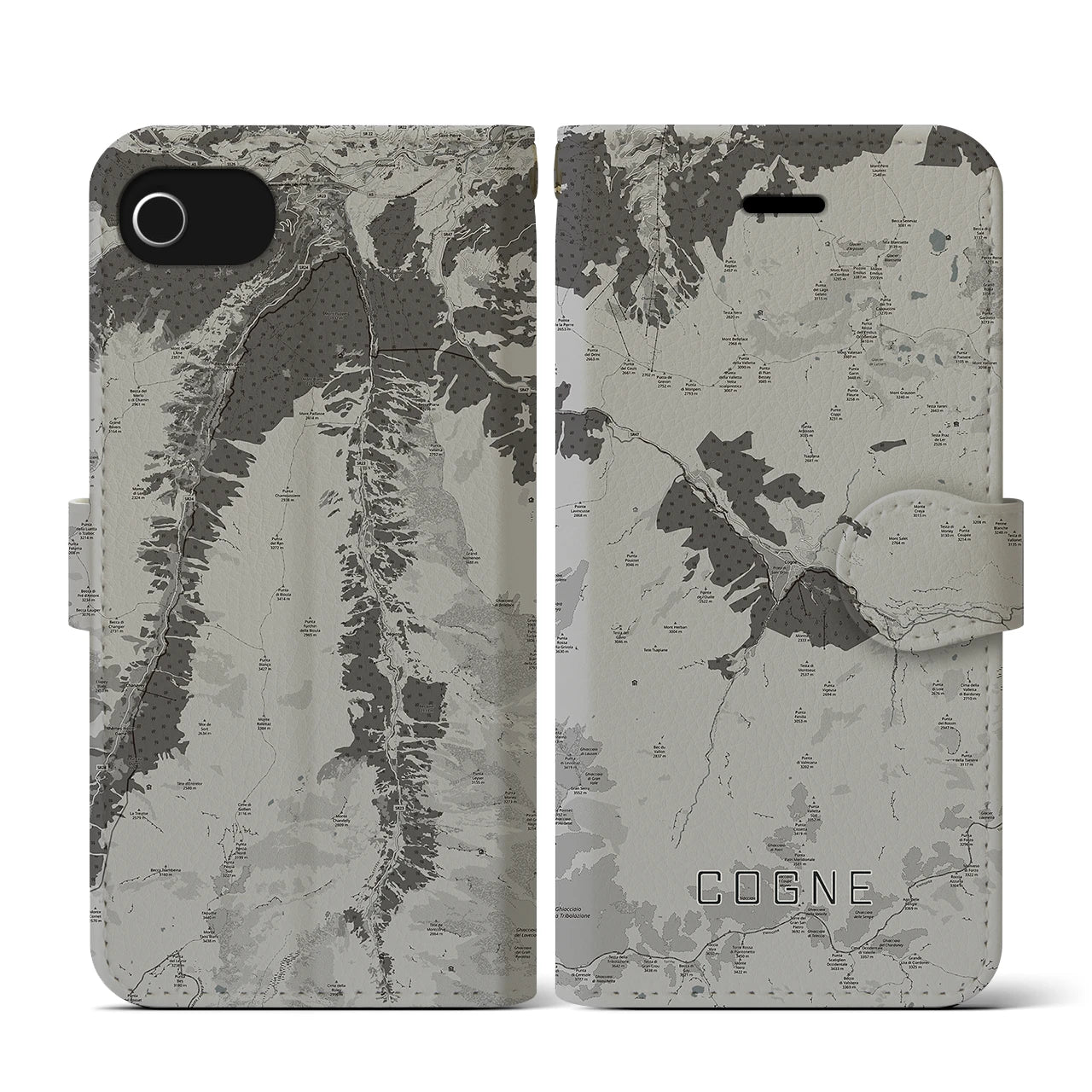 【コーニュ(イタリア)】地図柄iPhoneケース(手帳タイプ)モノトーン・iPhone SE(第3 / 第2世代) / 8 / 7 / 6s / 6 用
