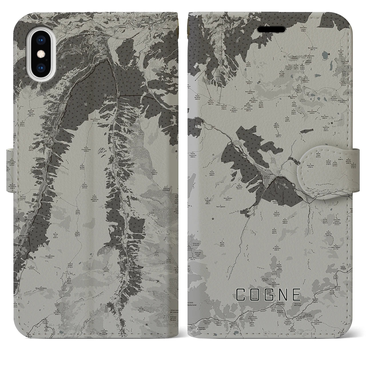 【コーニュ(イタリア)】地図柄iPhoneケース(手帳タイプ)モノトーン・iPhone XS Max 用
