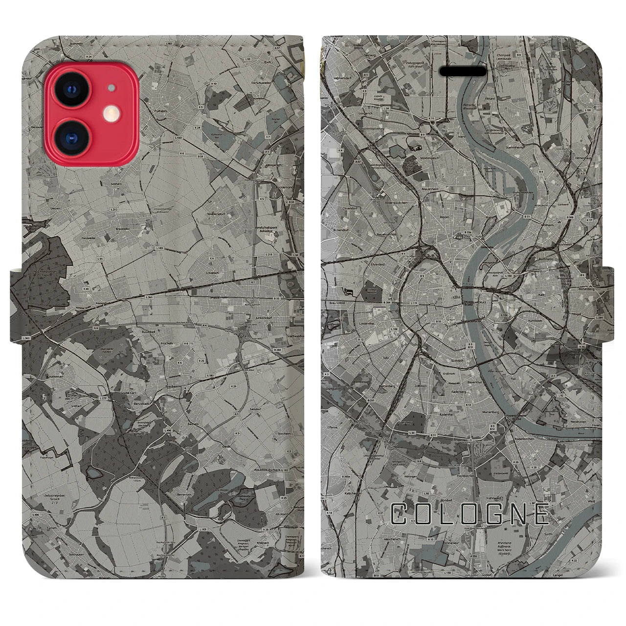 【ケルン(ドイツ)】地図柄iPhoneケース(手帳タイプ)モノトーン・iPhone 11 用