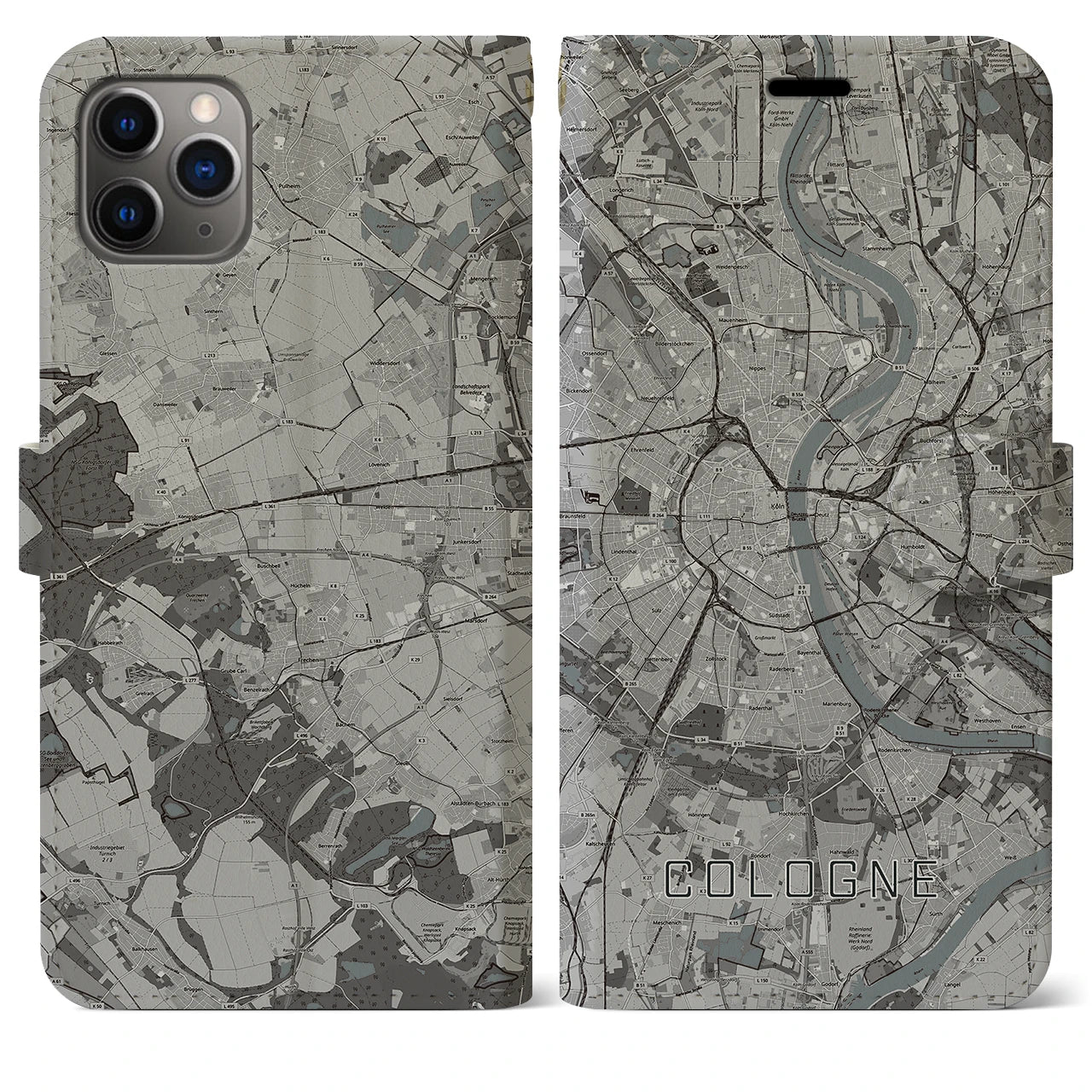 【ケルン(ドイツ)】地図柄iPhoneケース(手帳タイプ)モノトーン・iPhone 11 Pro Max 用