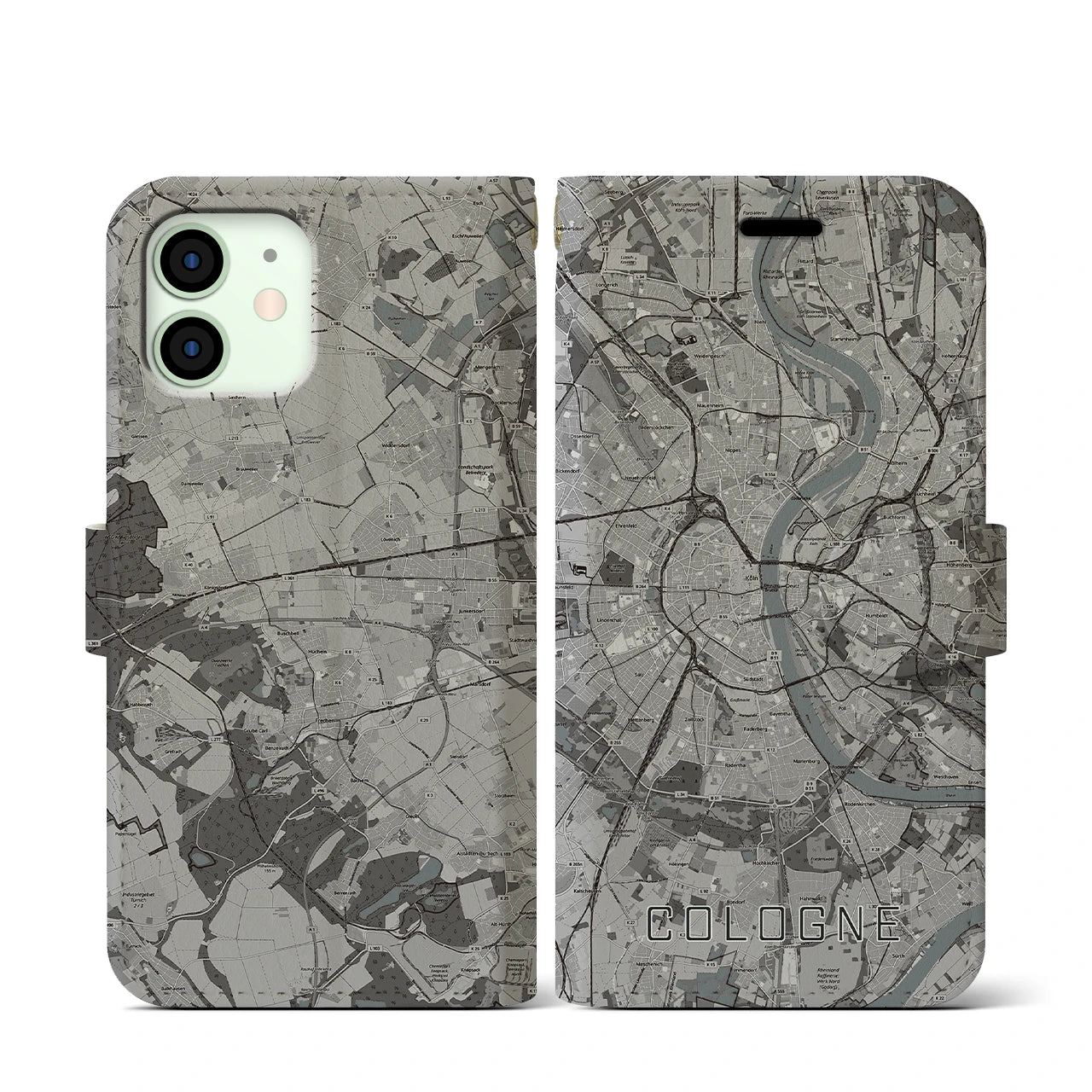 【ケルン(ドイツ)】地図柄iPhoneケース(手帳タイプ)モノトーン・iPhone 12 mini 用