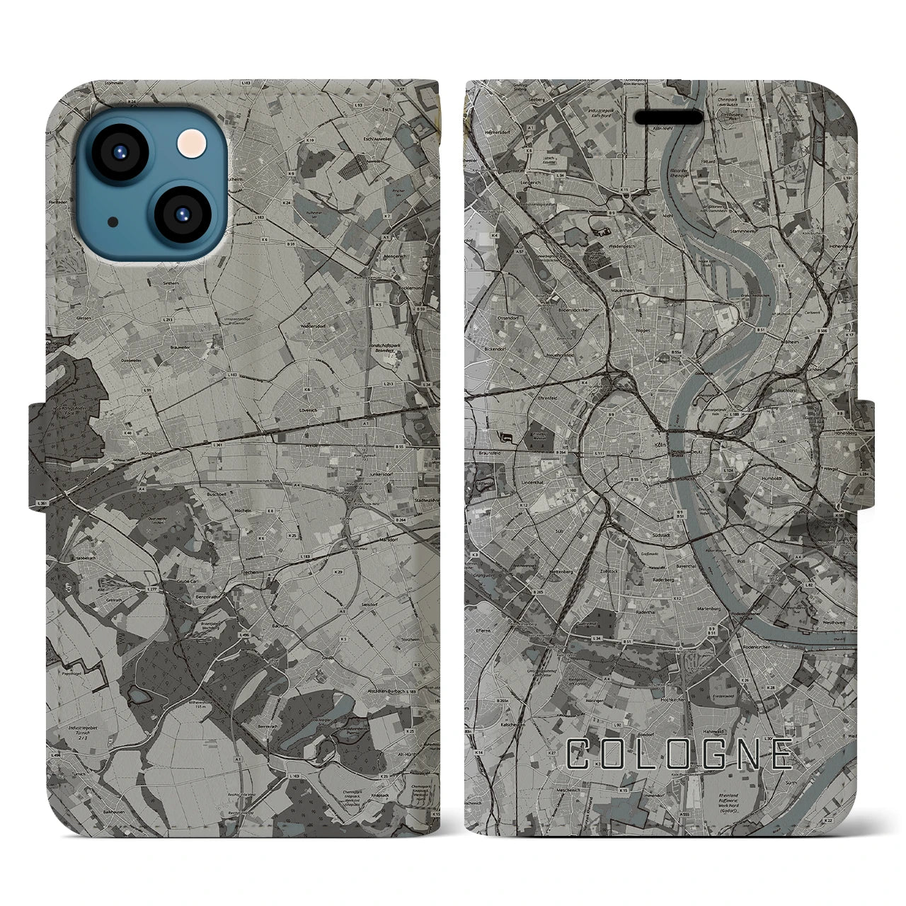 【ケルン(ドイツ)】地図柄iPhoneケース(手帳タイプ)モノトーン・iPhone 13 用