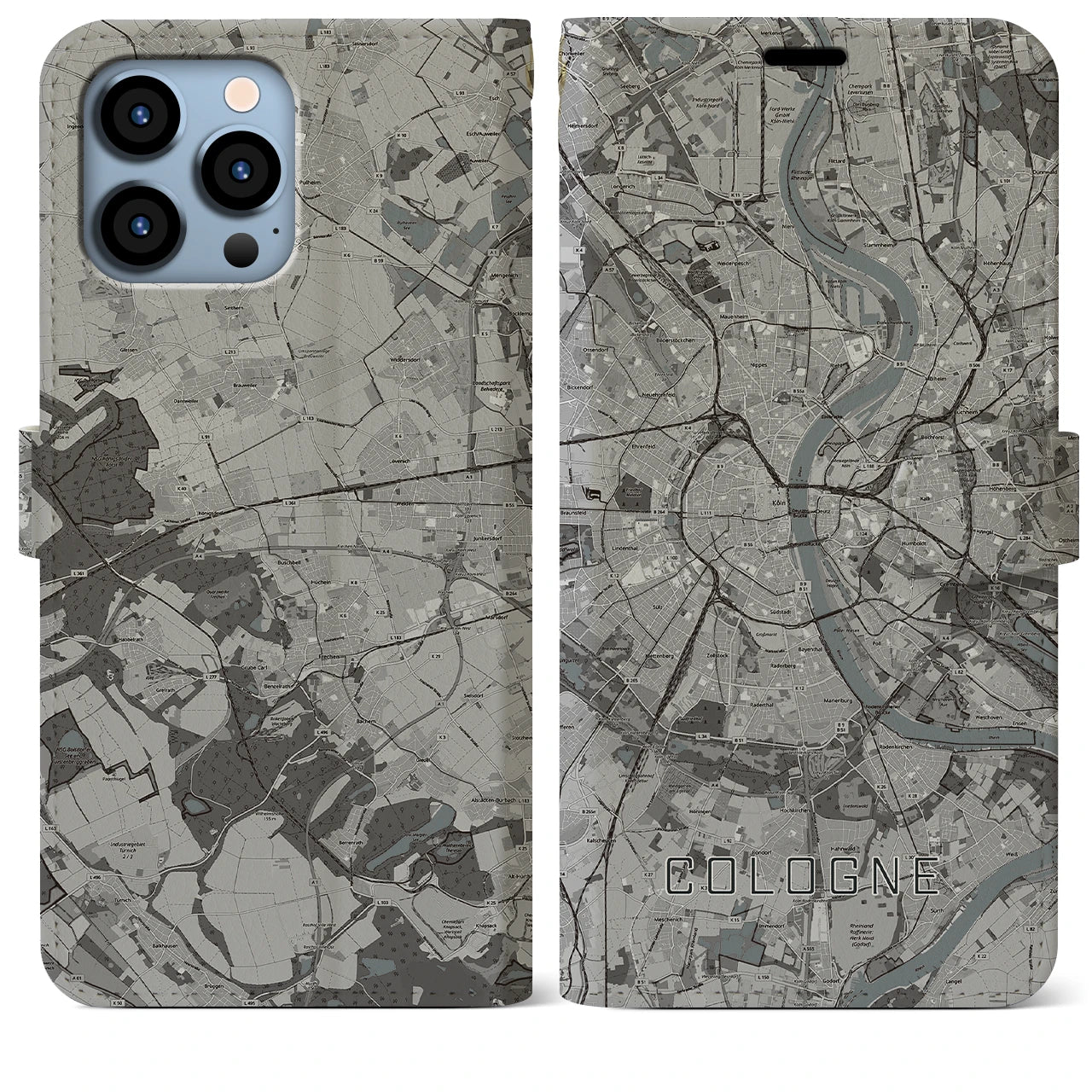 【ケルン(ドイツ)】地図柄iPhoneケース(手帳タイプ)モノトーン・iPhone 13 Pro Max 用
