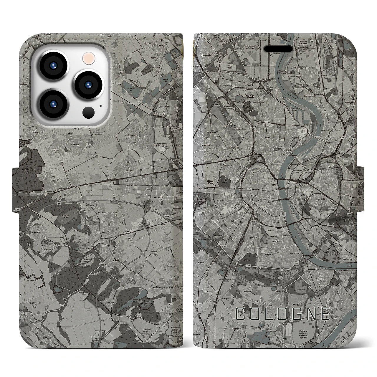 【ケルン(ドイツ)】地図柄iPhoneケース(手帳タイプ)モノトーン・iPhone 13 Pro 用
