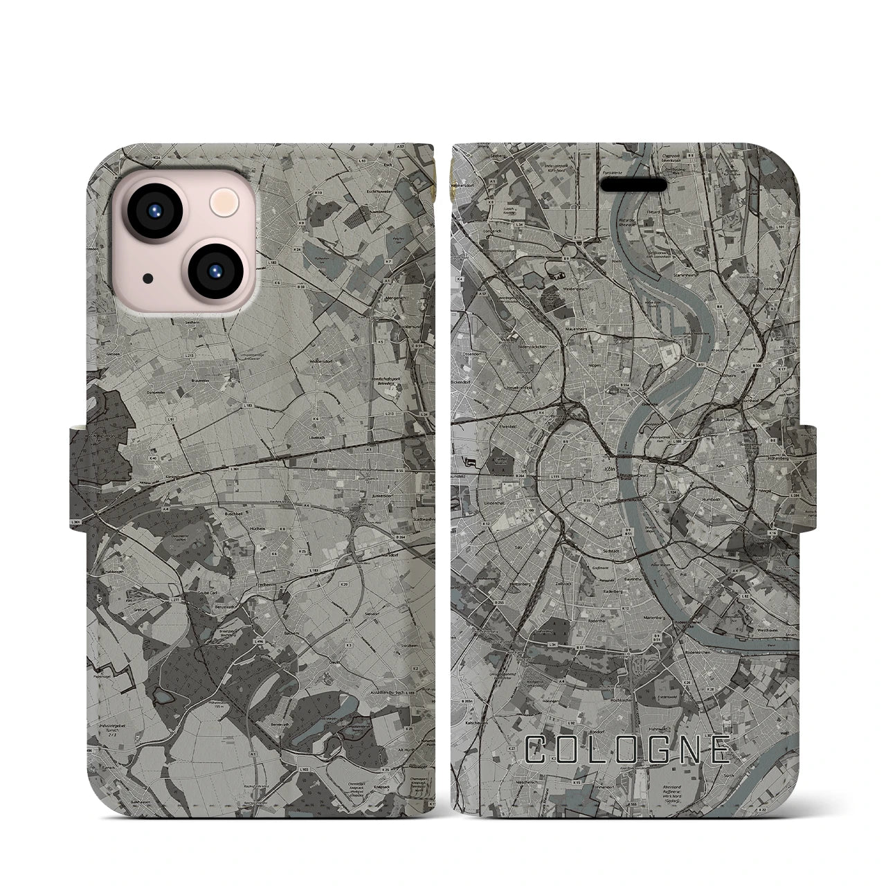 【ケルン(ドイツ)】地図柄iPhoneケース(手帳タイプ)モノトーン・iPhone 13 mini 用
