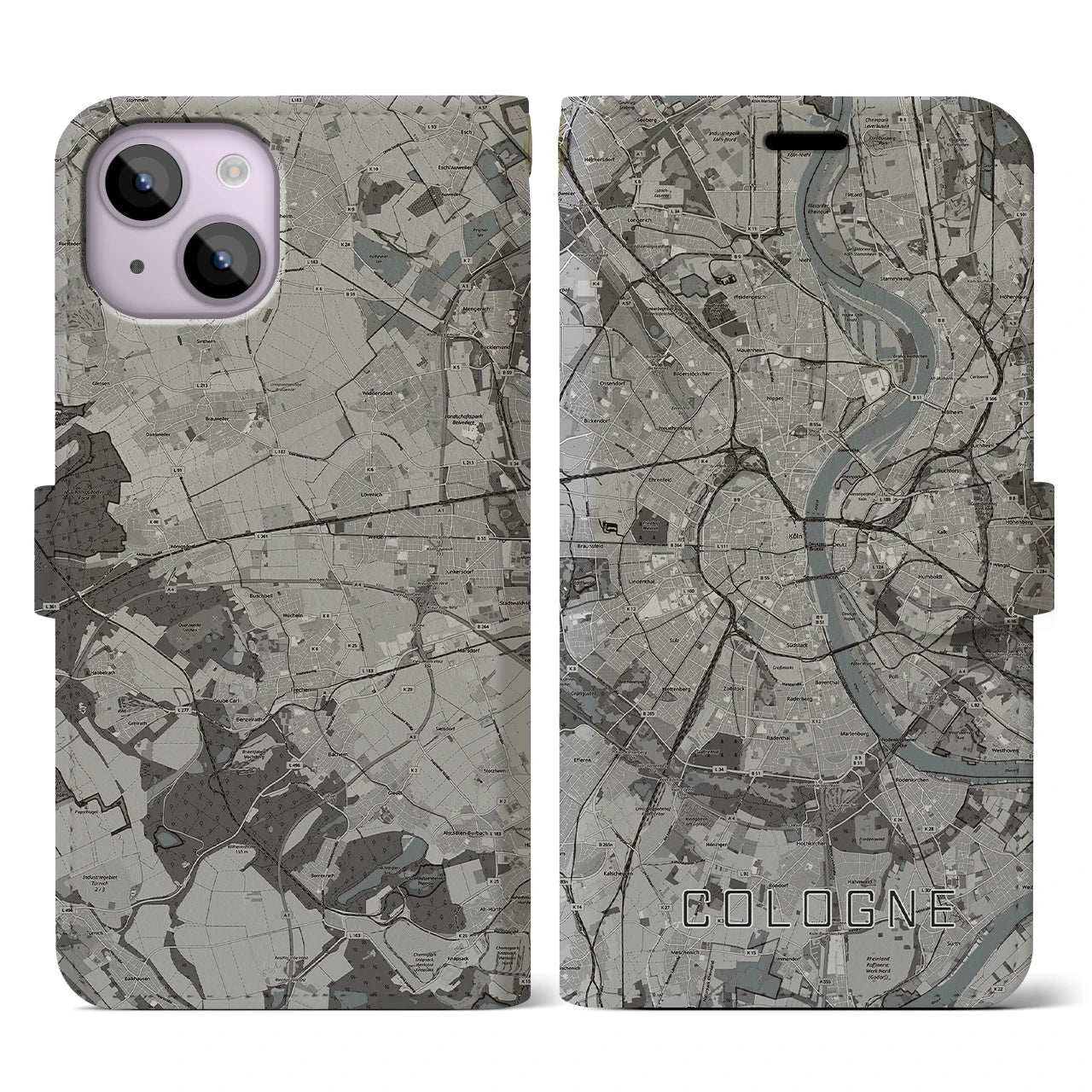 【ケルン(ドイツ)】地図柄iPhoneケース(手帳タイプ)モノトーン・iPhone 14 用