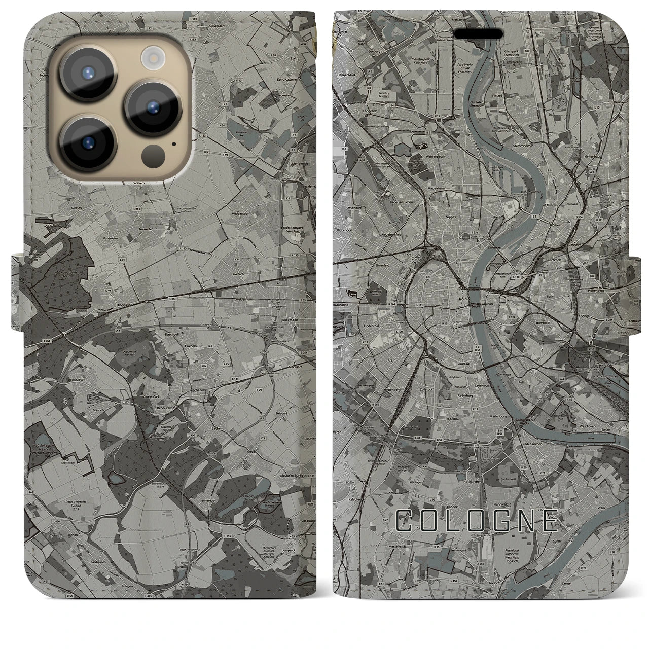 【ケルン(ドイツ)】地図柄iPhoneケース(手帳タイプ)モノトーン・iPhone 14 Pro Max 用
